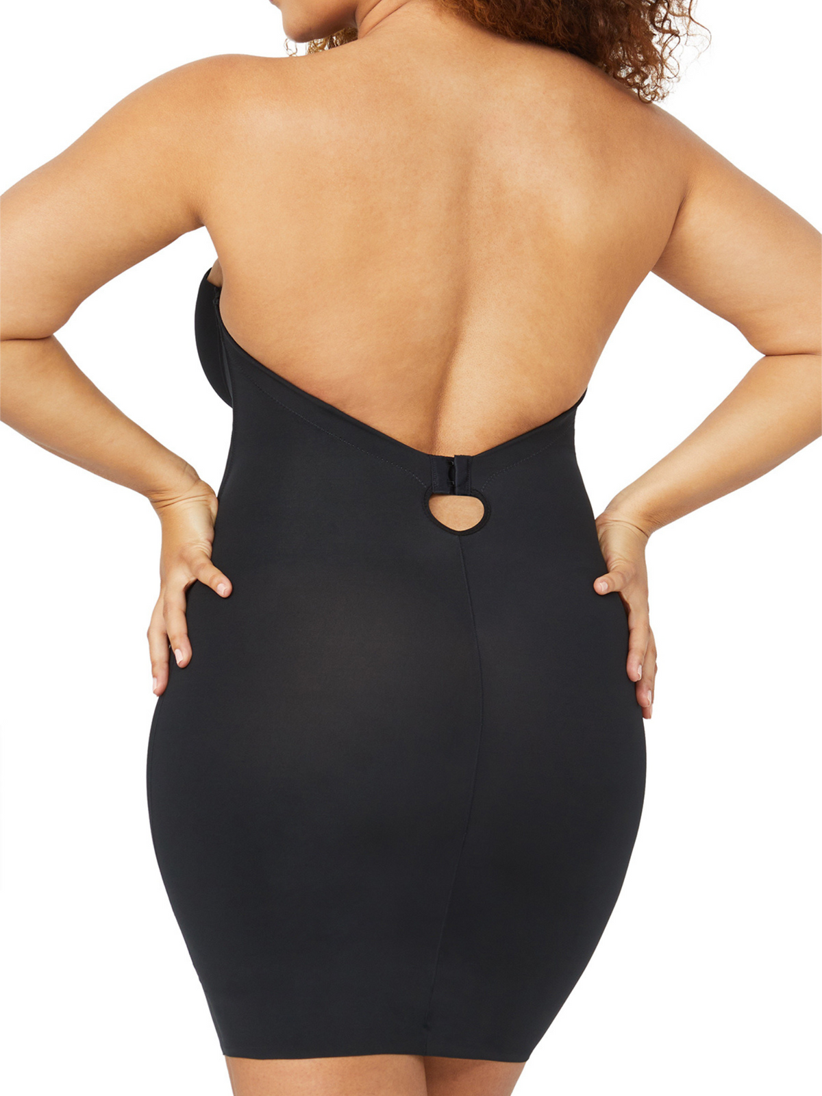 Elegant strapless backless slip with detachable straps and smoothing finish, designed for special occasion wear