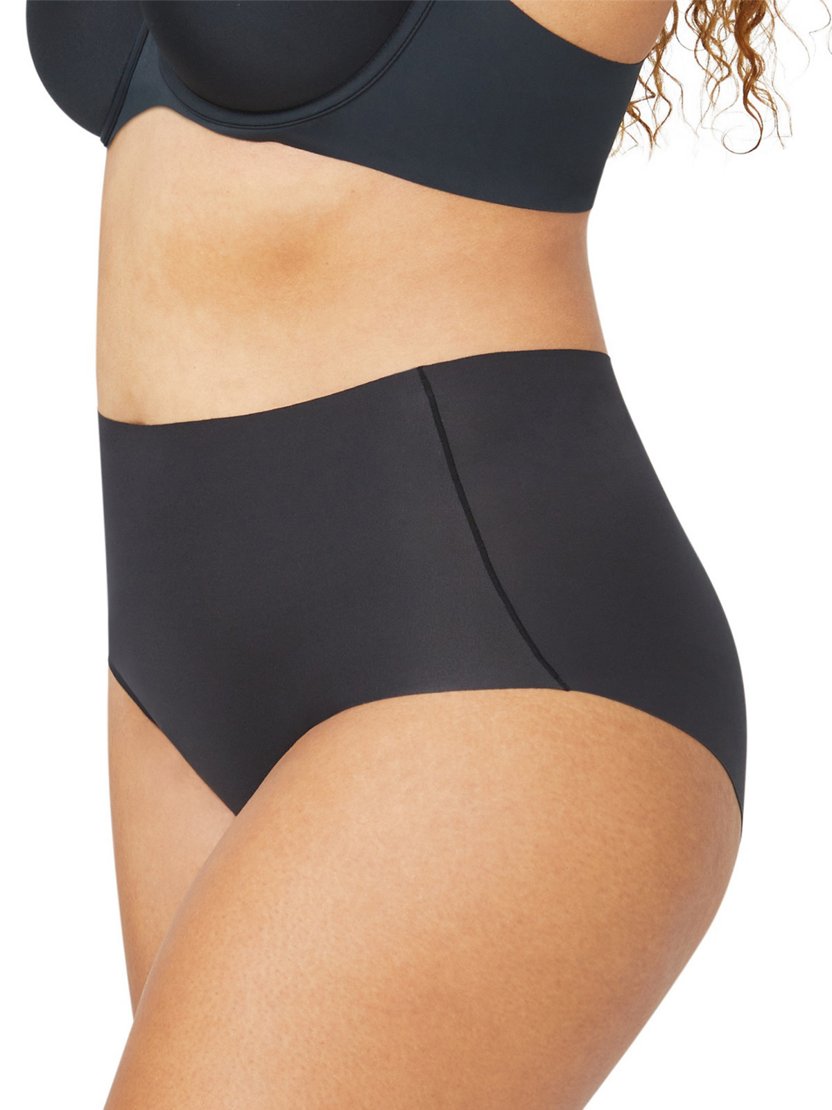 Side profile of Body Smart waisted brief showcasing free cut smoothing fabric for a seamless no visible panty line look.