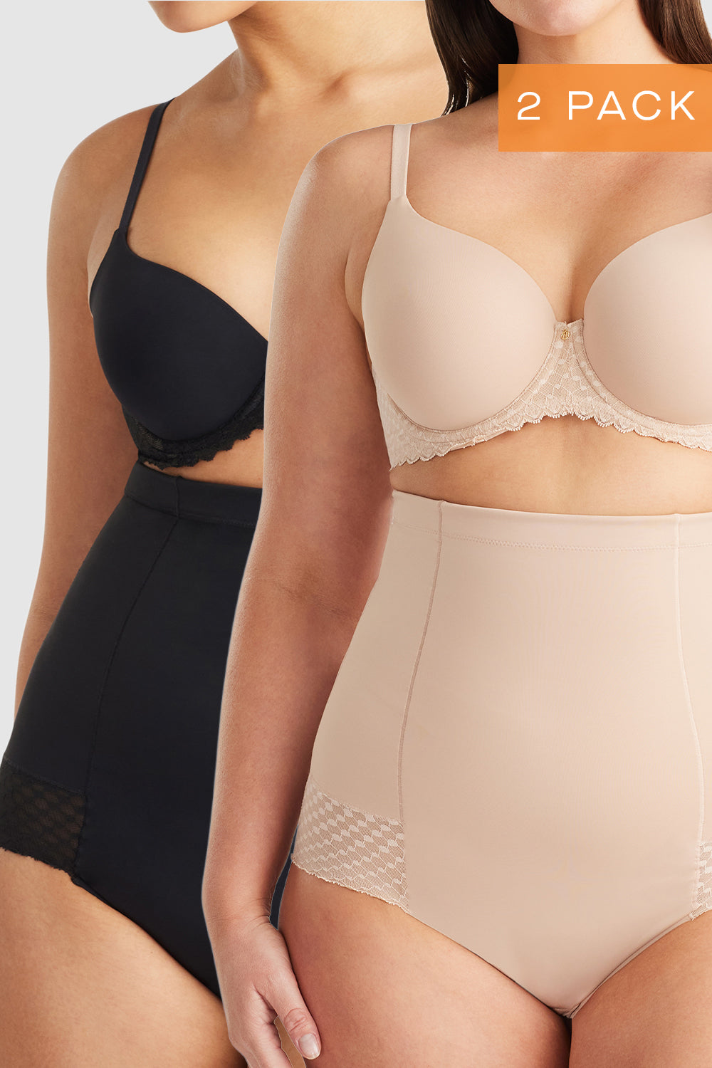 Nancy Ganz Revive Lace High Waisted Brief Two Pack in Warm Taupe and Black, luxurious lace shapewear briefs in versatile everyday tones