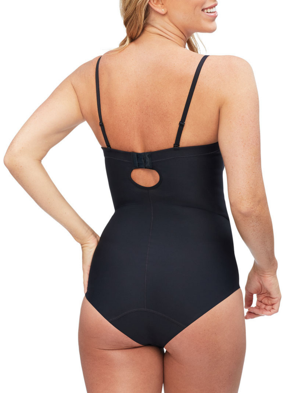 Back view of Body Define Bodysuit with low cut back and multiway detachable straps for versatile styling options.