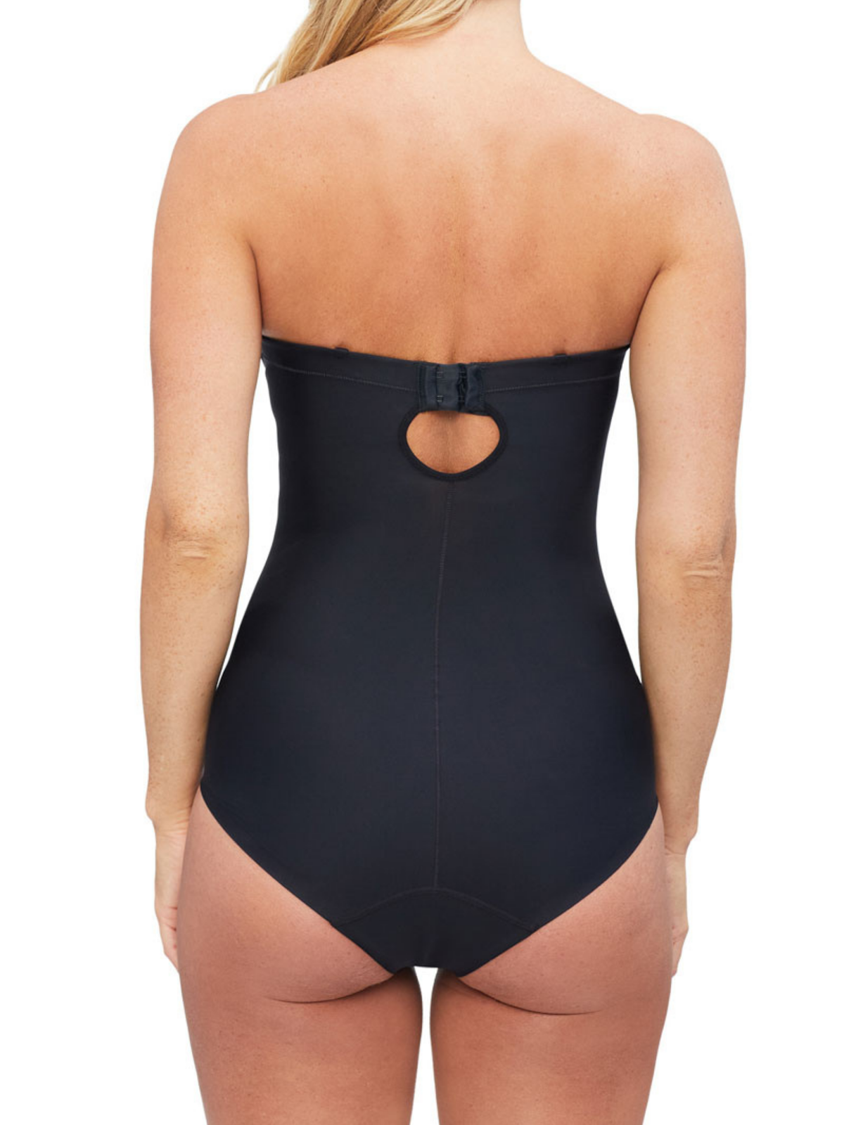 Back view close-up of Nancy Ganz Body Define Strapless Bodysuit with adjustable, detachable straps offering flexible support and comfort.