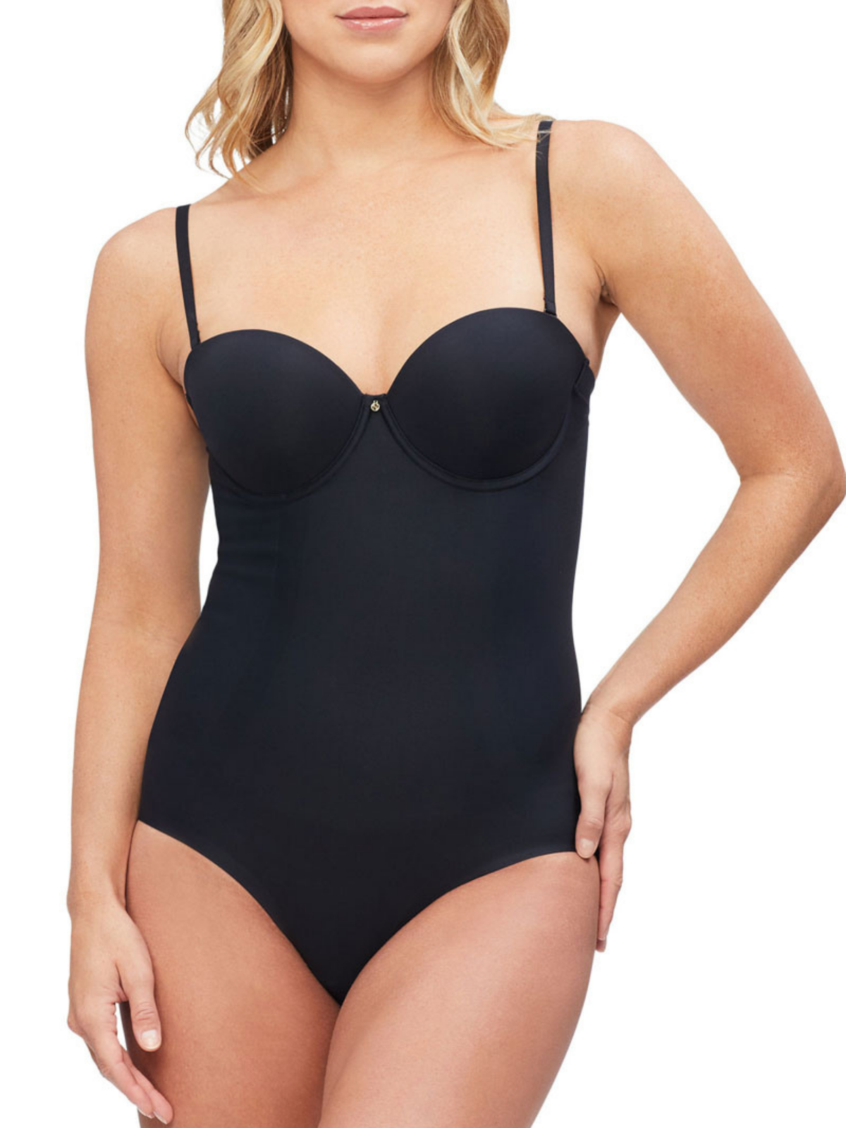 Front view of Nancy Ganz Body Define Strapless Bodysuit showing seamless contour cups and smooth bonded panels for waist and hip shaping.