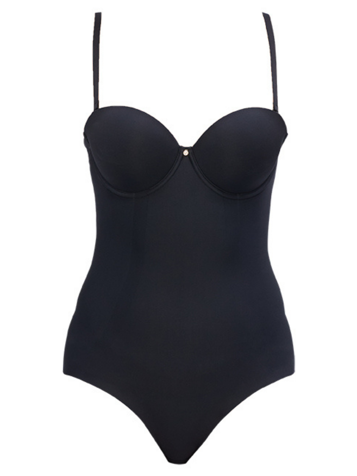 Detail of bonded waist and tummy panels on Nancy Ganz Body Define Strapless Bodysuit for a sleek, smooth silhouette.