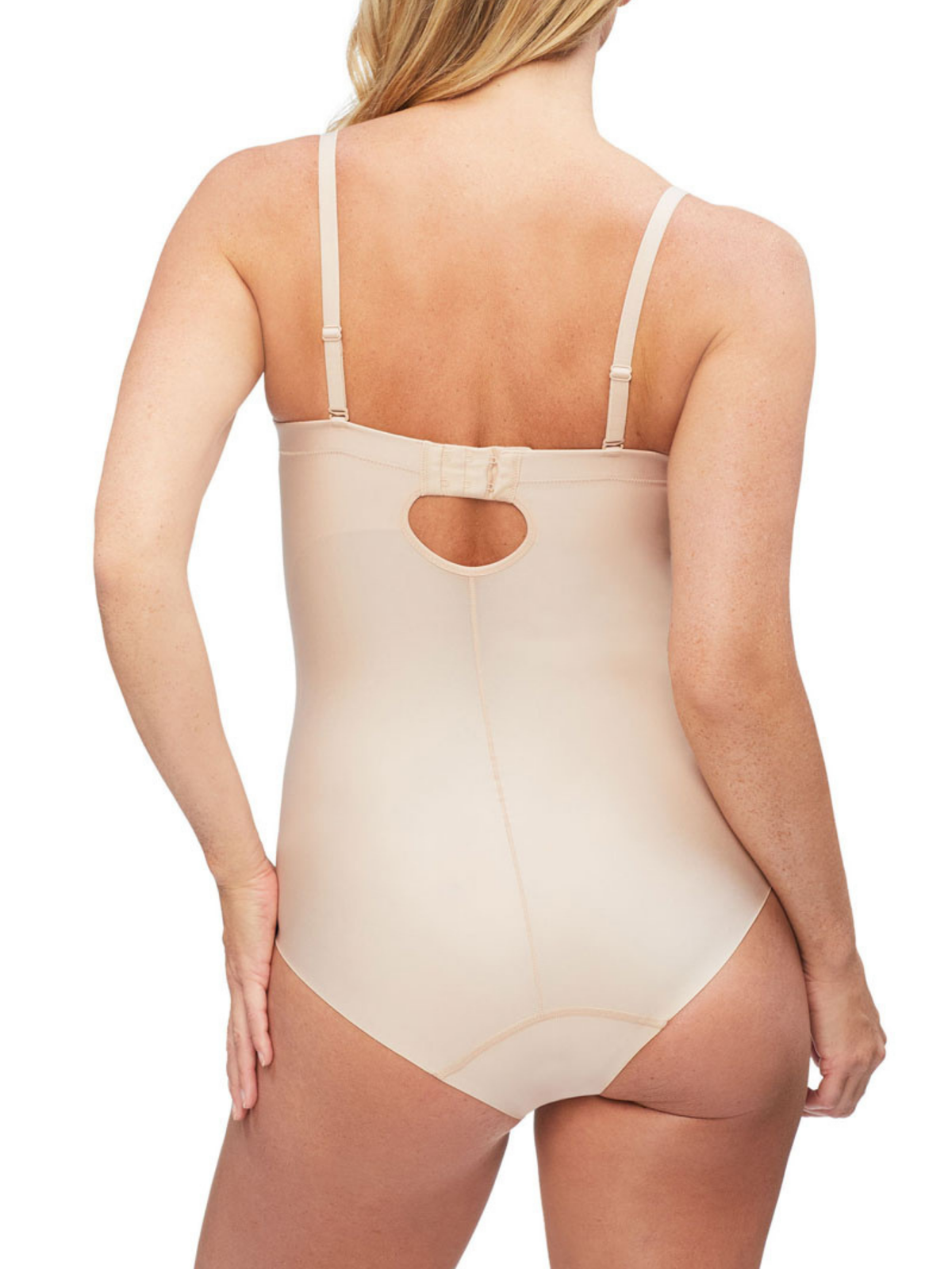Back view of Nancy Ganz Body Define Strapless Bodysuit with detachable straps and multiple hook & eye adjustments for a custom fit.
