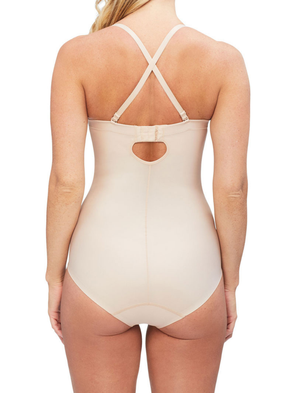 Back detail of Nancy Ganz Body Define Strapless Bodysuit, highlighting tag-free design and removable straps for versatile styling.