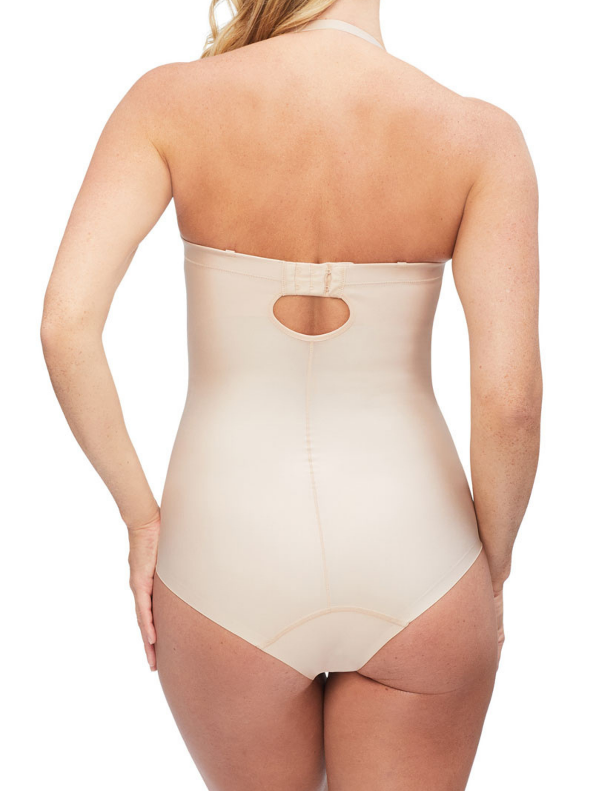 Back view of Nancy Ganz Body Define Strapless Bodysuit showing detachable straps that can be worn straight, cross-back, halter, or removed.