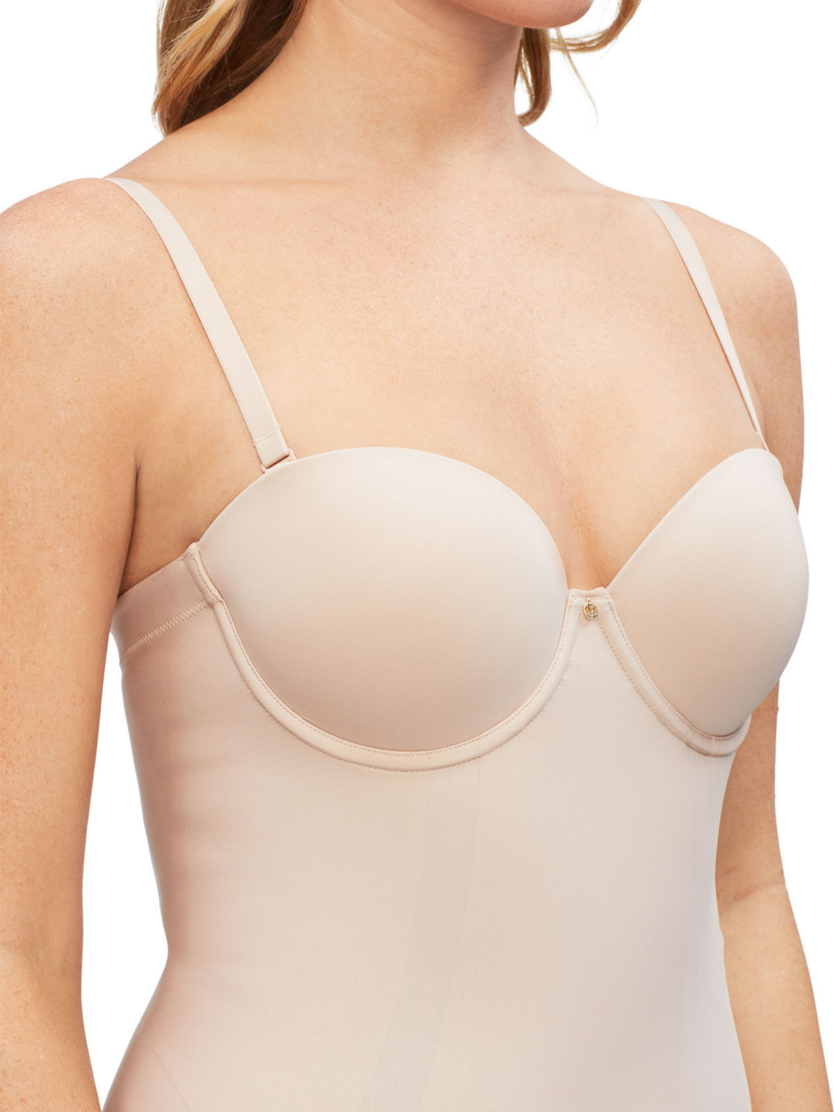 Close-up of contour cups on Body Define Strapless Bodysuit showing seam-free Flex to Fit pads for natural shape and support.