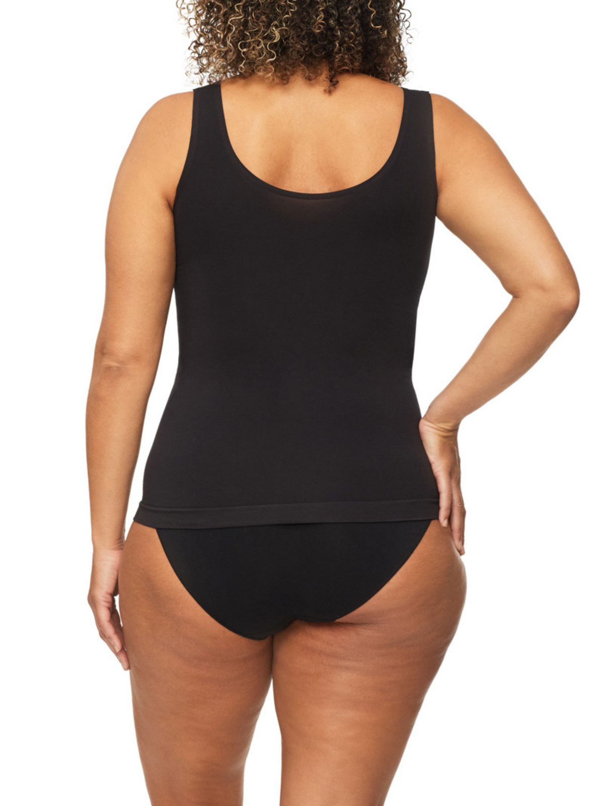 Nancy Ganz Bamboo Essentials Tank back detail, supportive bamboo yarns and flat bonded edges for everyday comfort.