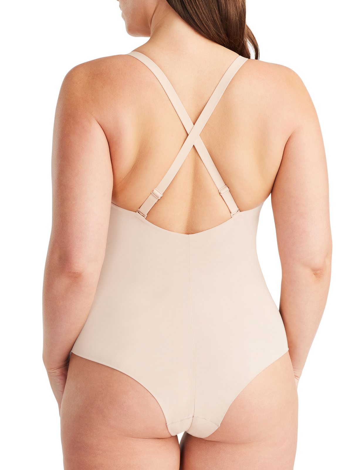 Back profile of Sheer Infinity Bodysuit, highlighting low cut shape and versatile convertible straps for flexible outfit pairing.