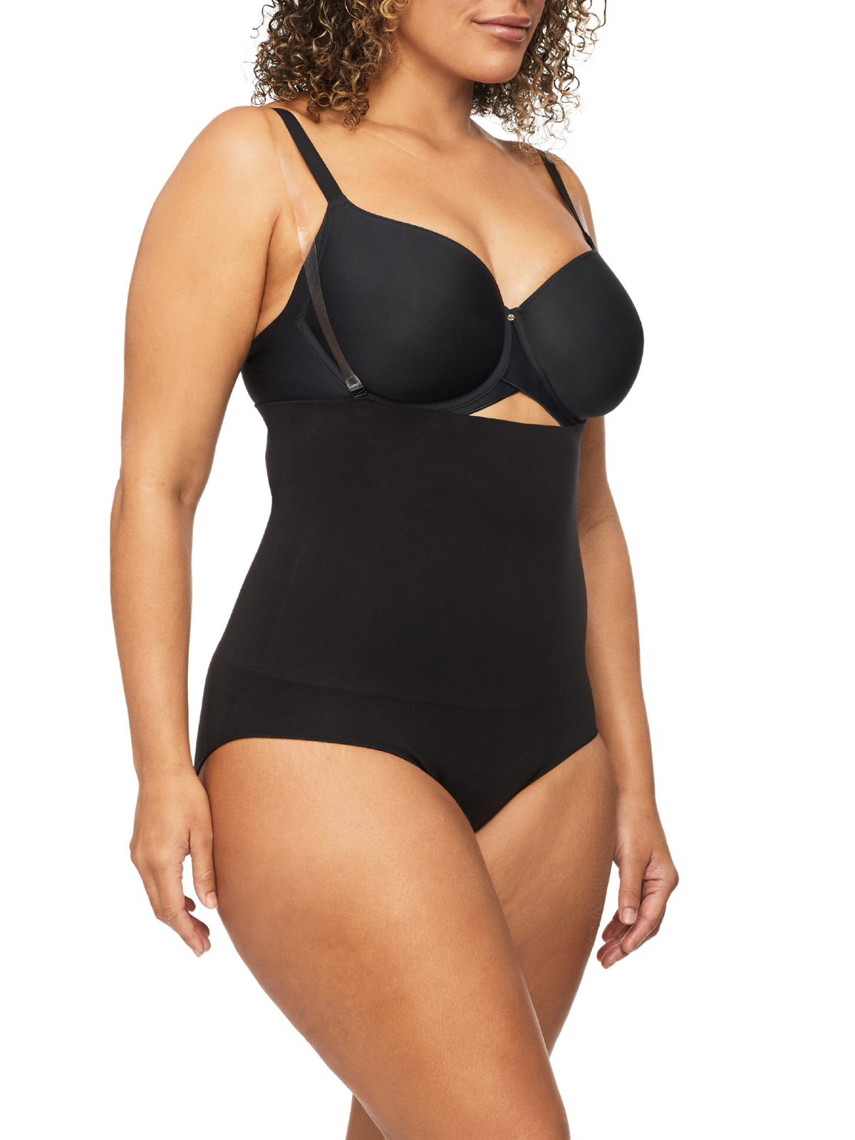 Side view of Bamboo Essentials High Waisted Brief featuring detachable clear straps and breathable bamboo-rich fabric for secure fit.