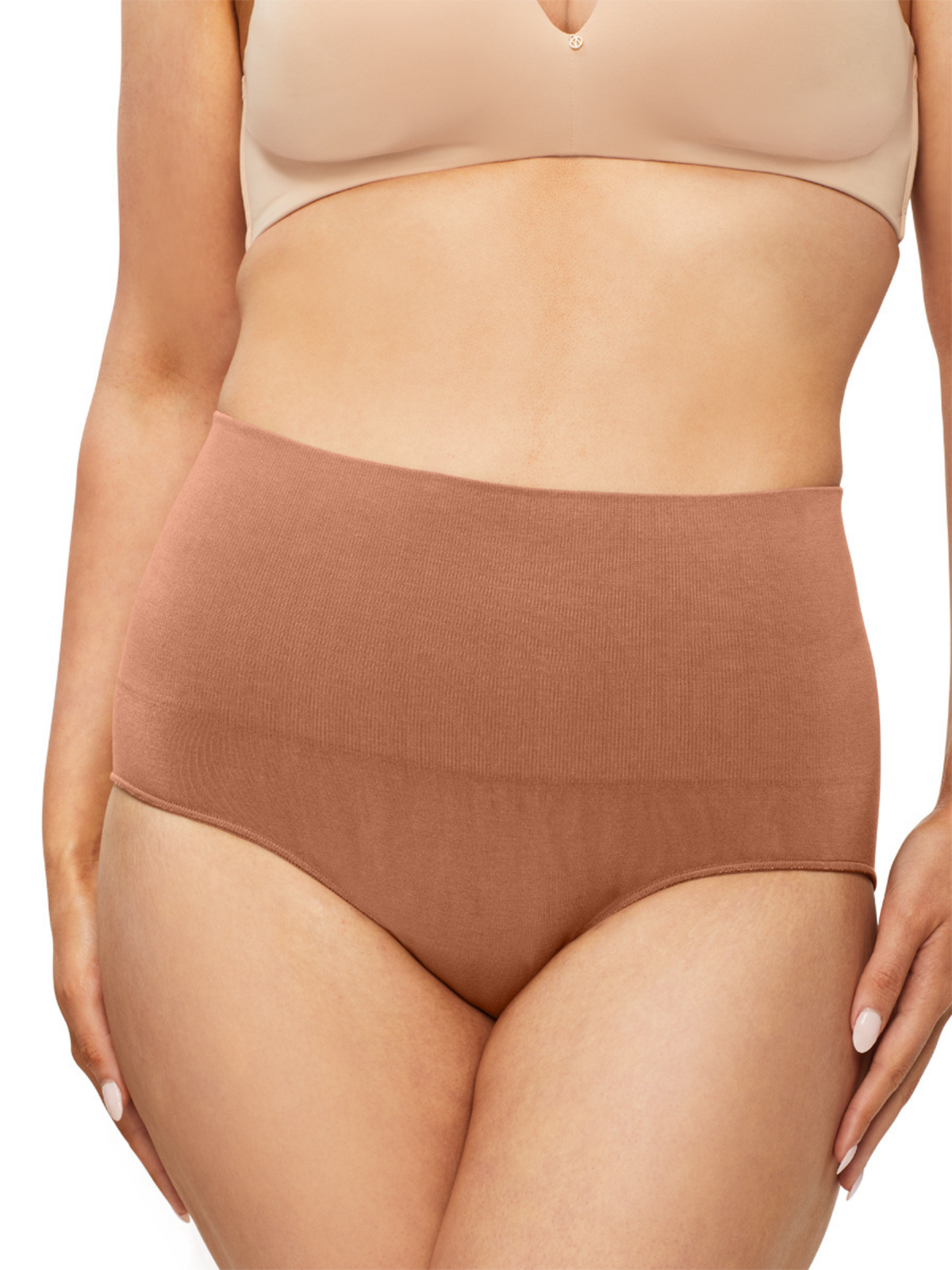 Front view of Nancy Ganz Bamboo Essentials Waisted Brief with double band firm support, shaping the tummy area and providing all-day comfort.