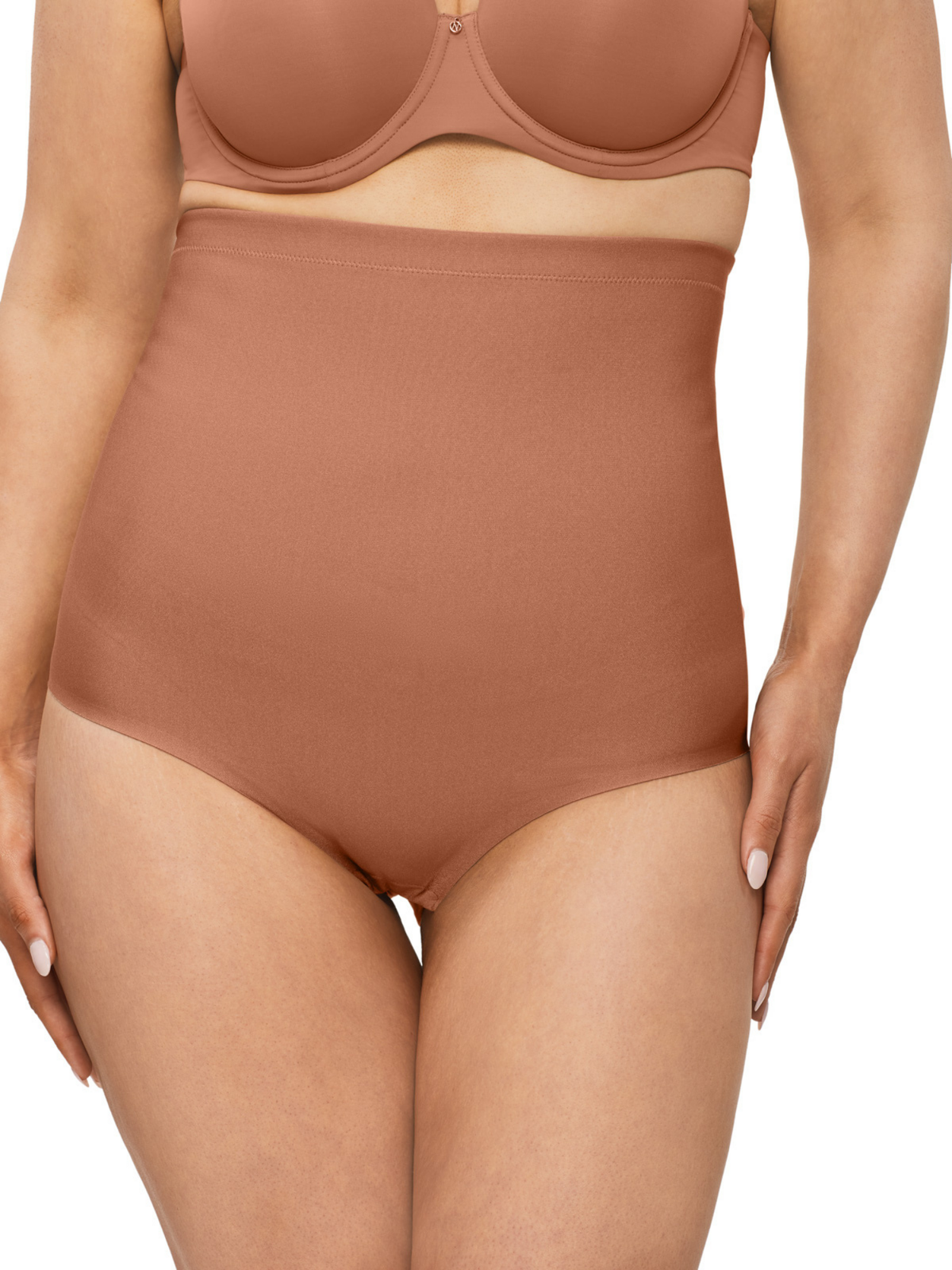 Front angle of Nancy Ganz X-Factor High Waisted Brief sculpting the tummy and love handles for a sleek silhouette under clothes.