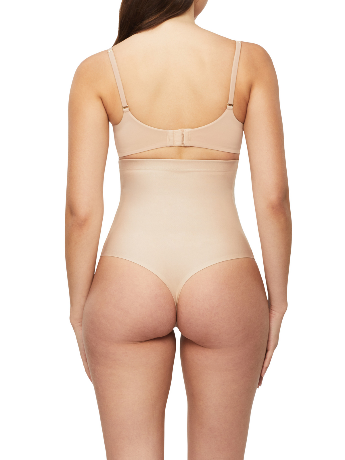 Rear view of Nancy Ganz X-Factor High Waisted Thong showing the no-VPL design with sleek, smoothing back panel and minimal coverage for a seamless look under clothes.