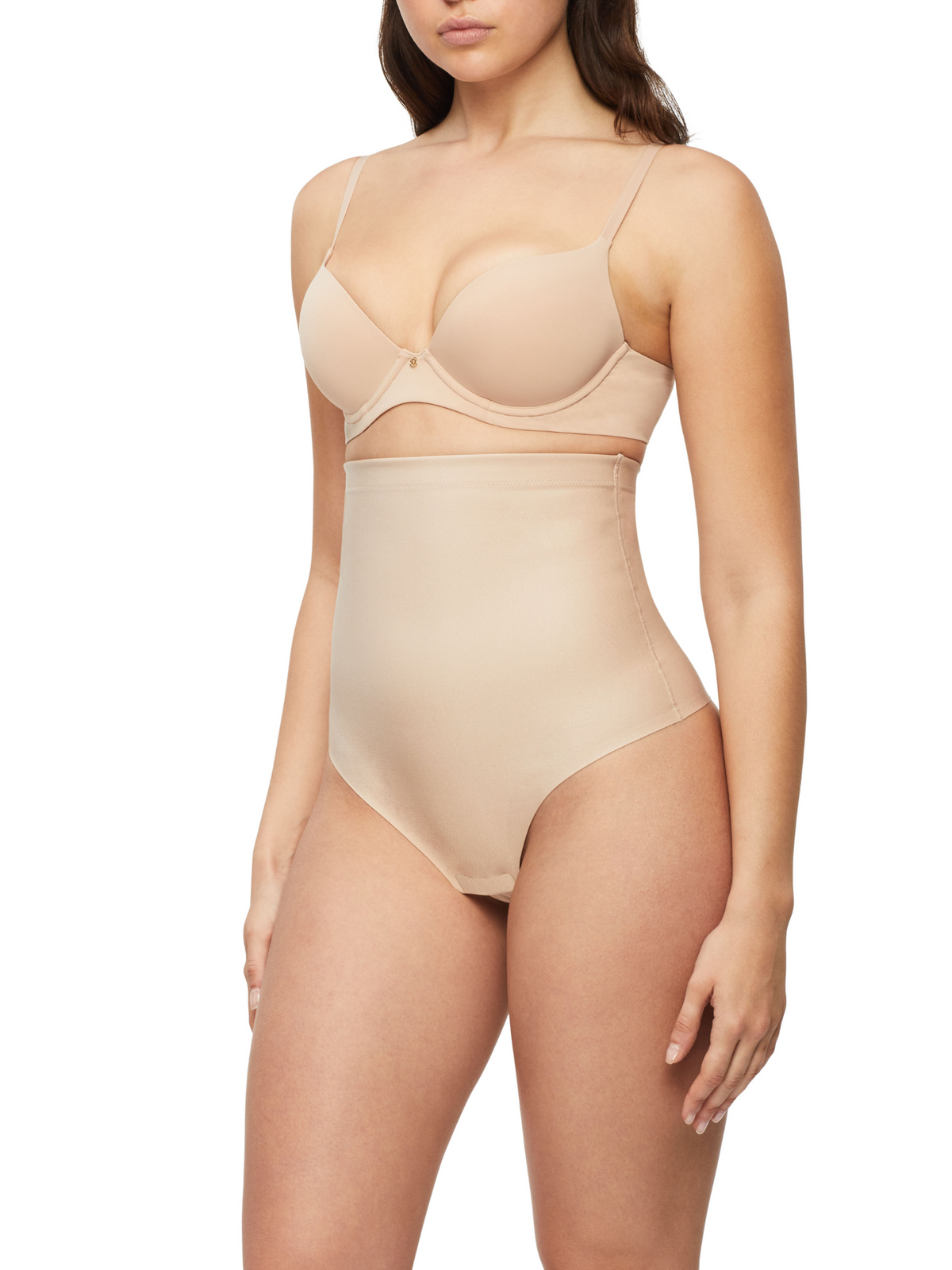 Front view of the Nancy Ganz X-Factor High Waisted Thong showcasing sculpting panel and seamless finish for tummy control and smoothing.