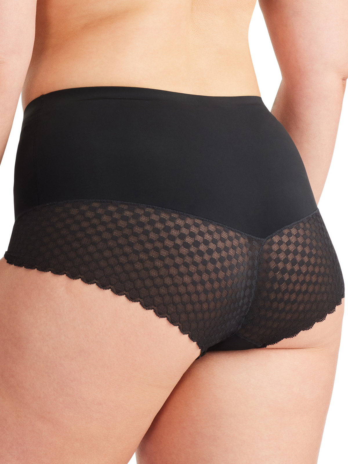 Back view of Nancy Ganz Revive Lace Waisted Brief in Black, scalloped lace brief with smooth full rear coverage