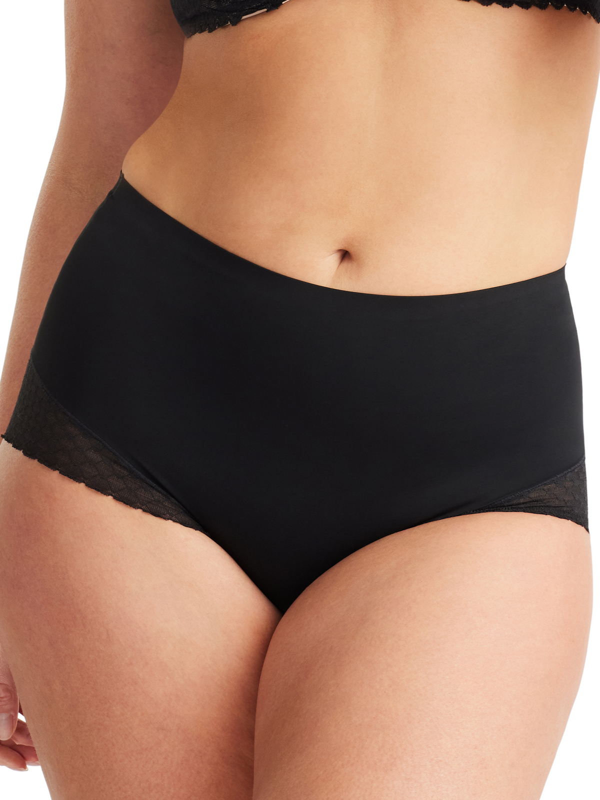 Front view of Nancy Ganz Revive Lace Waisted Brief in Black, sheer lace brief with flattering midsection smoothing