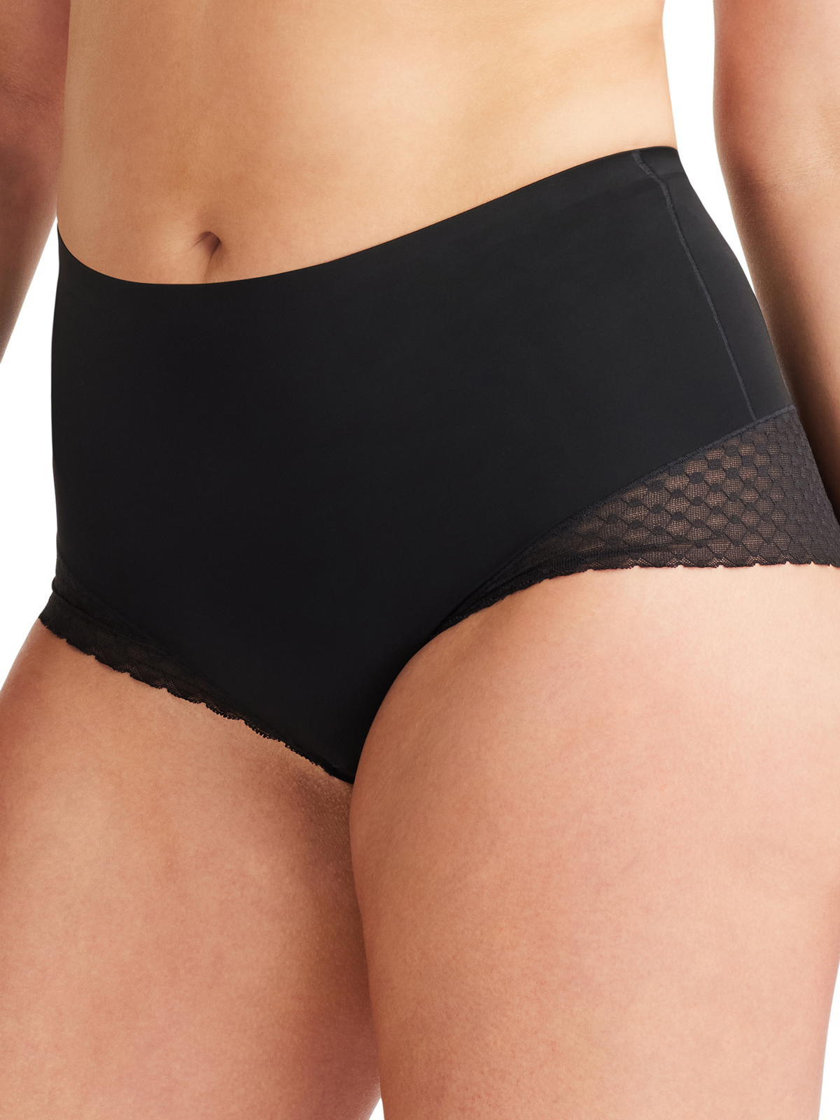 Side angle of Revive Lace Waisted Brief displaying stitch-free finish and contouring fit that prevents digging in.