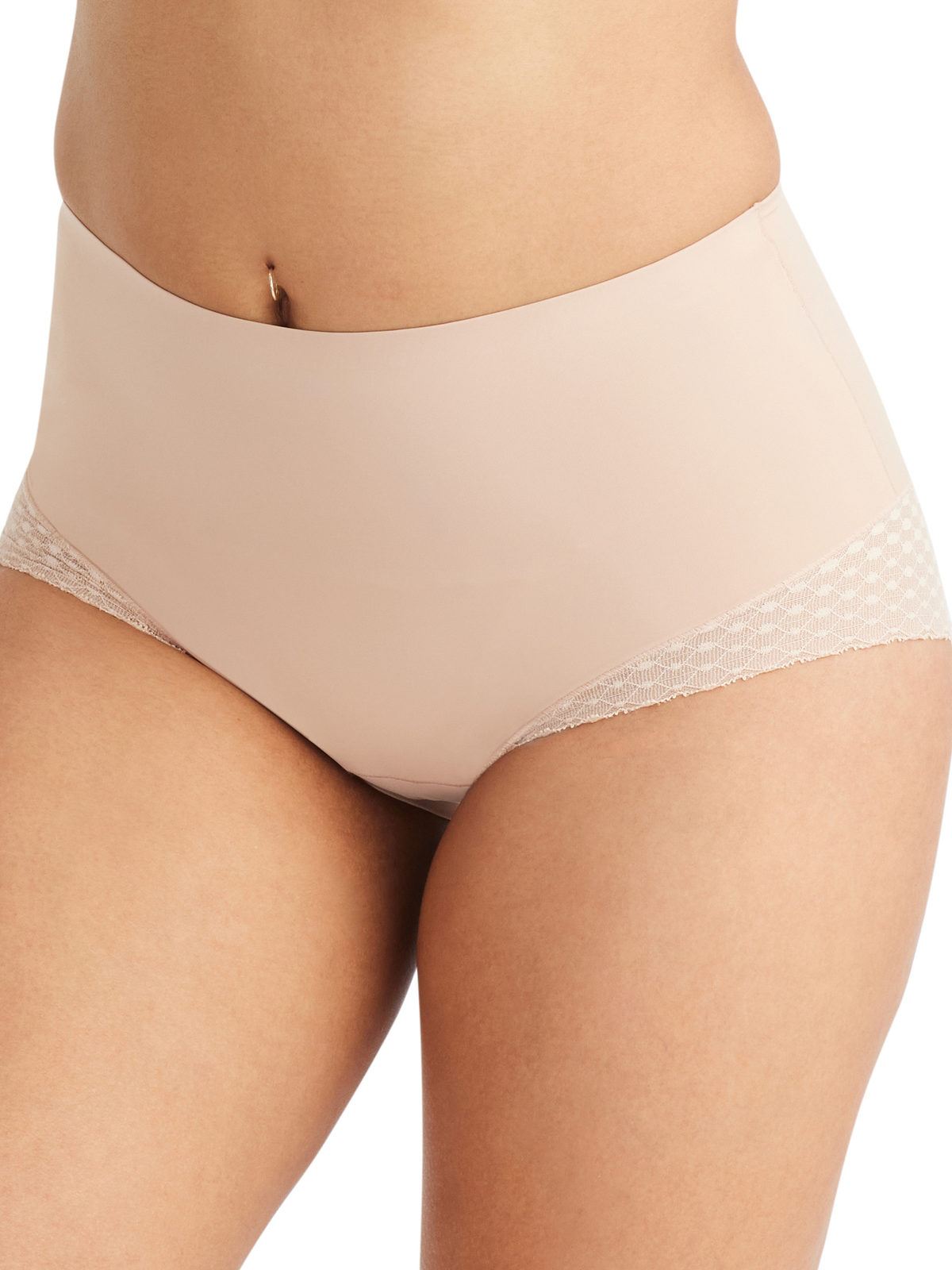 Side view of Nancy Ganz Revive Lace Waisted Brief in Warm Taupe, elegant lace shaping brief with smooth invisible edges