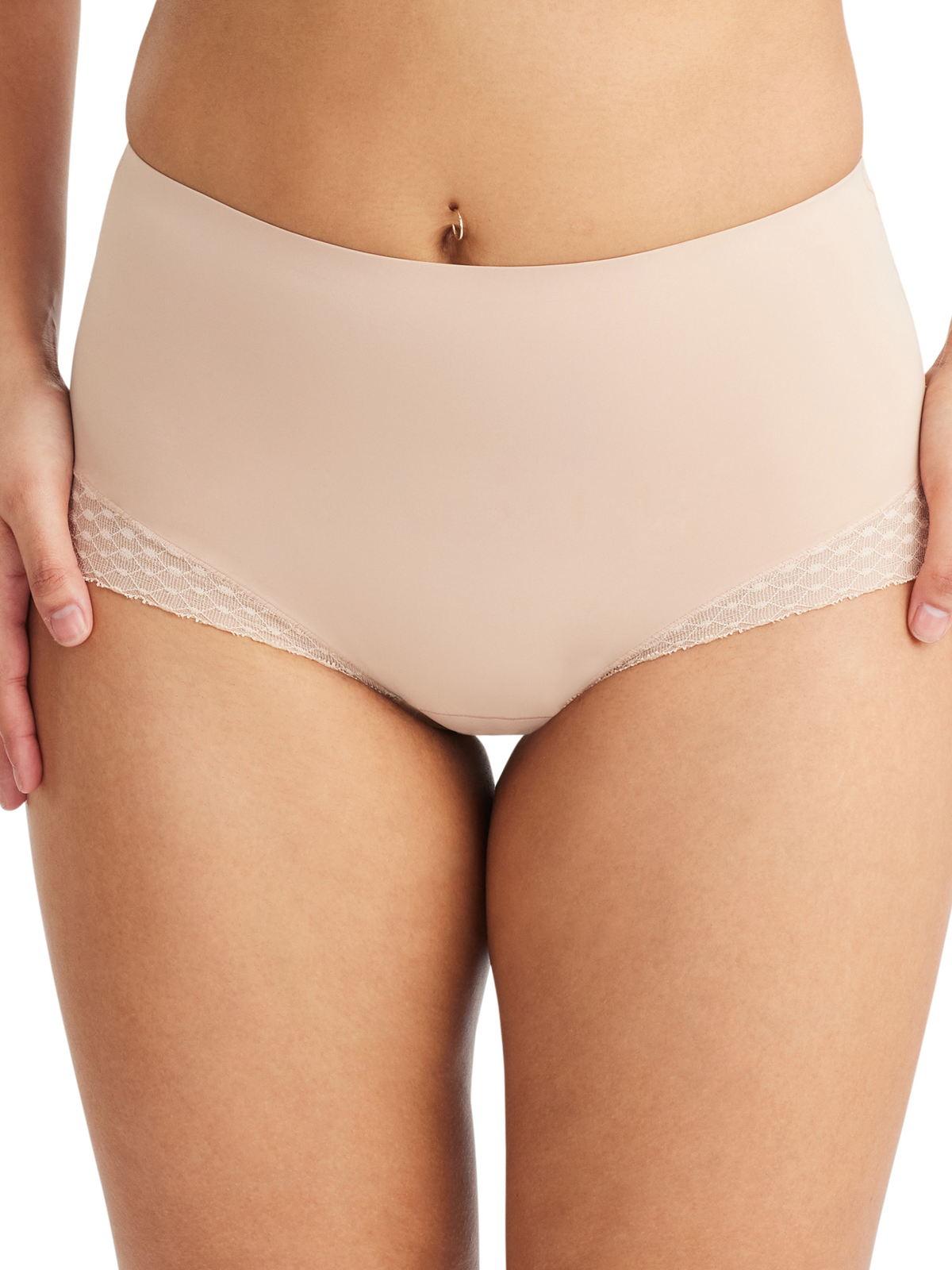 Front view of Nancy Ganz Revive Lace Waisted Brief featuring recycled nylon yarns and feminine performance lace with bonded waist for a smooth, secure fit.
