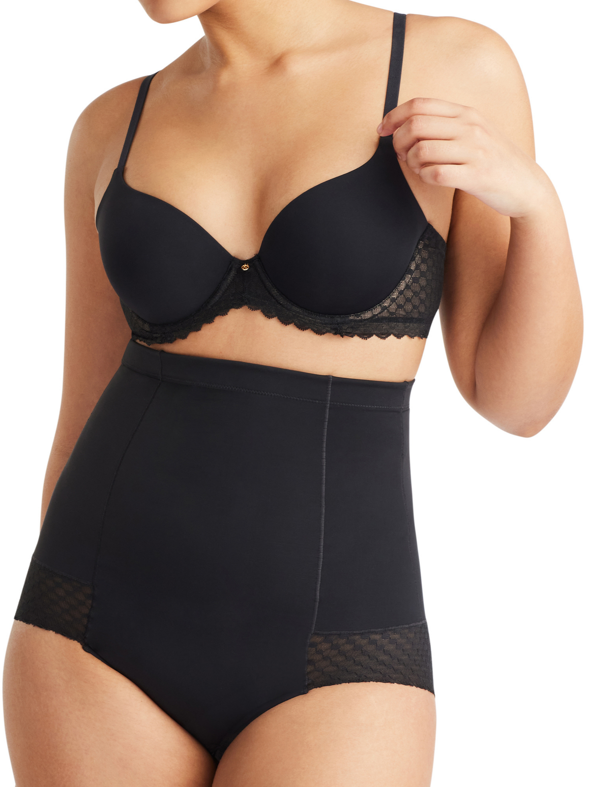 Front view of Nancy Ganz Revive Lace High Waisted Brief in Black, sheer lace high rise brief with flattering midsection support