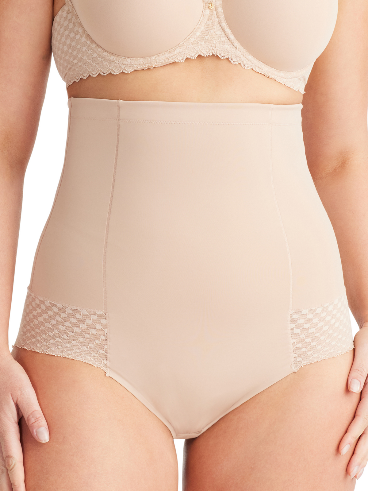 Front view of Nancy Ganz Revive Lace High Waisted Brief featuring contemporary lace design with firm waist shaping.