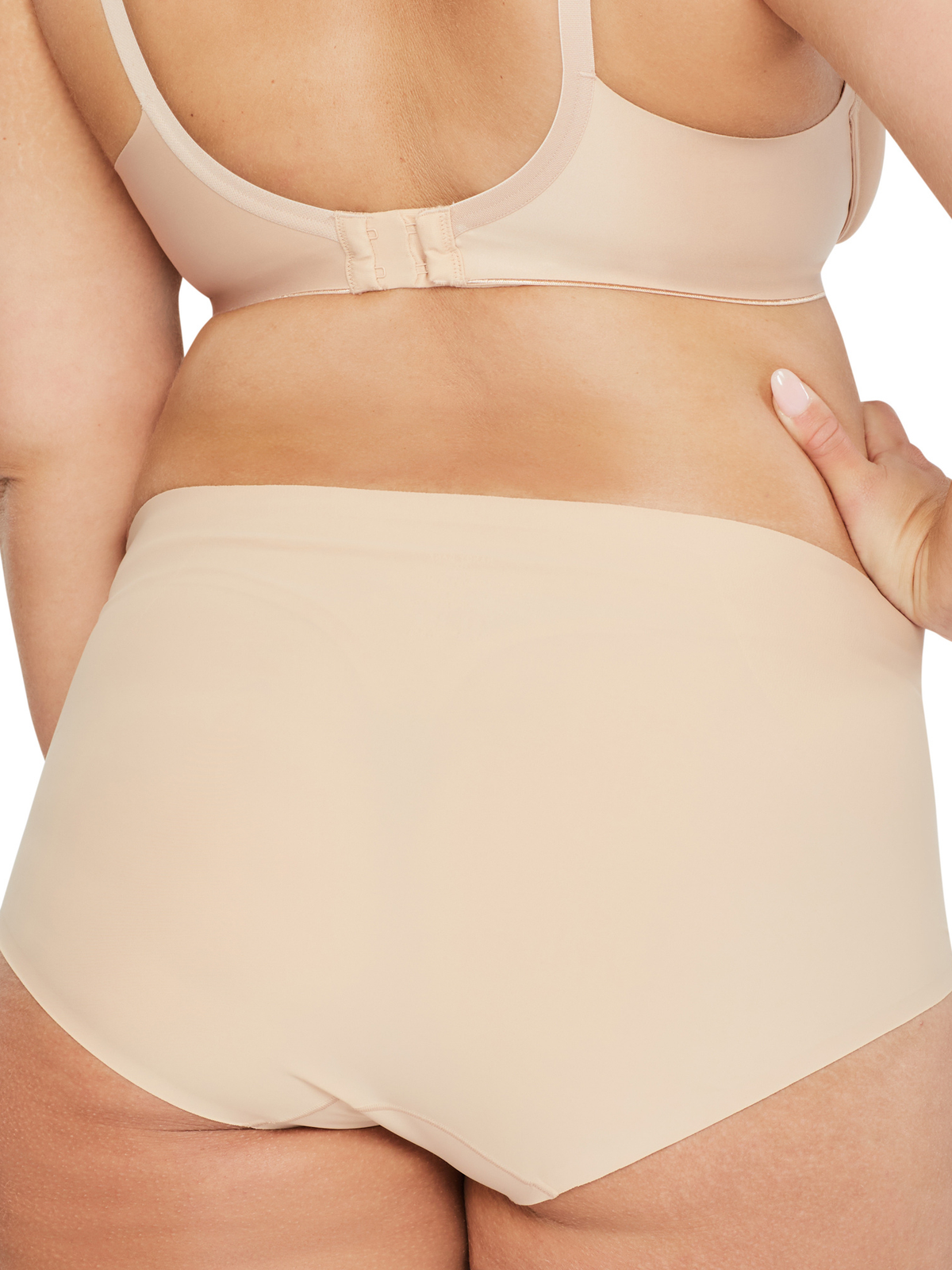 Back view of Nancy Ganz Revive Smooth Waisted Brief in Warm Taupe, seamless shaping brief with full rear coverage