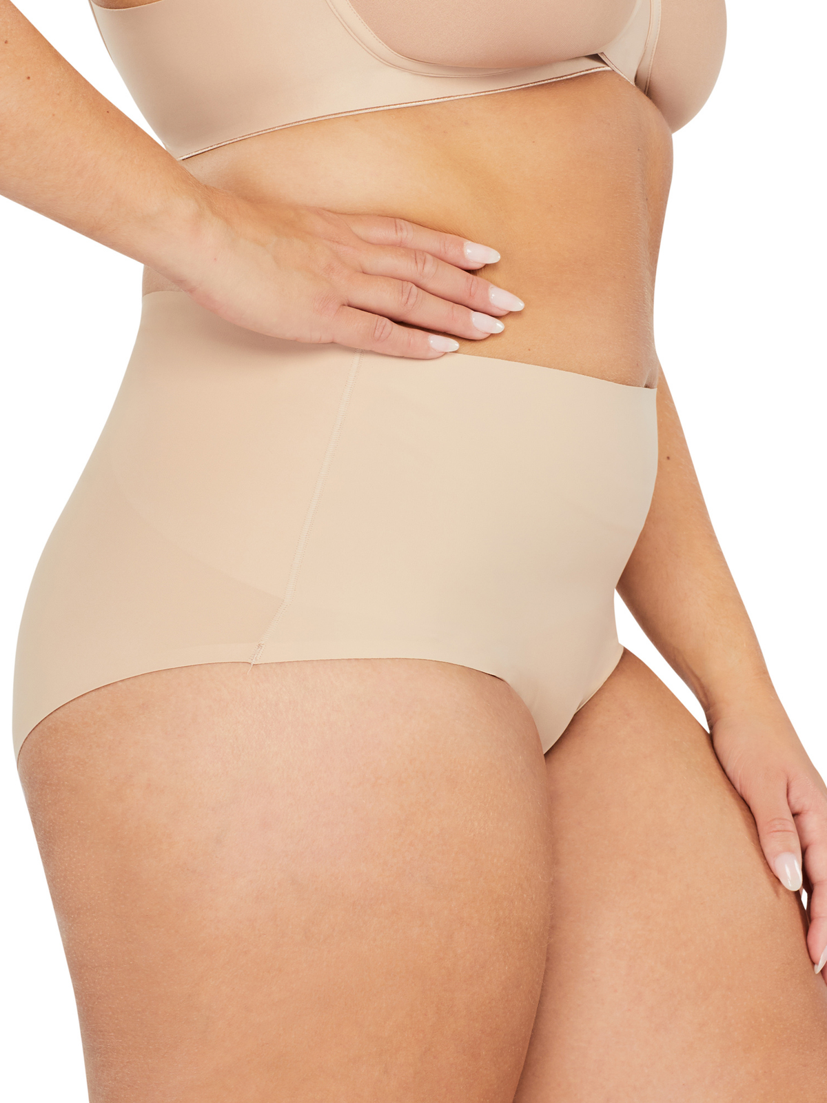 Side profile of Revive Smooth Waisted Brief showing free cut waist and leg edges for a seamless finish under clothes.