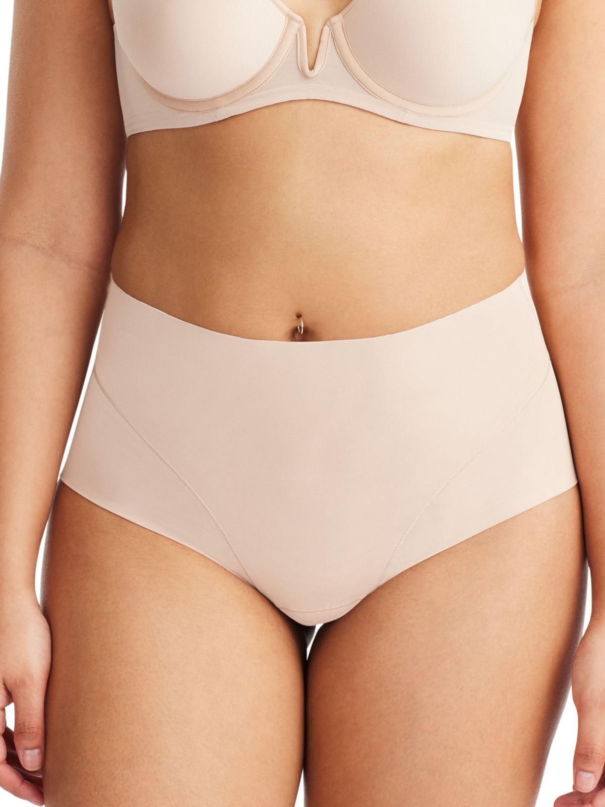 Front view of Nancy Ganz Sheer Infinity Brazilian cut brief with firm support, breathable mesh, and smooth bonded waistline.