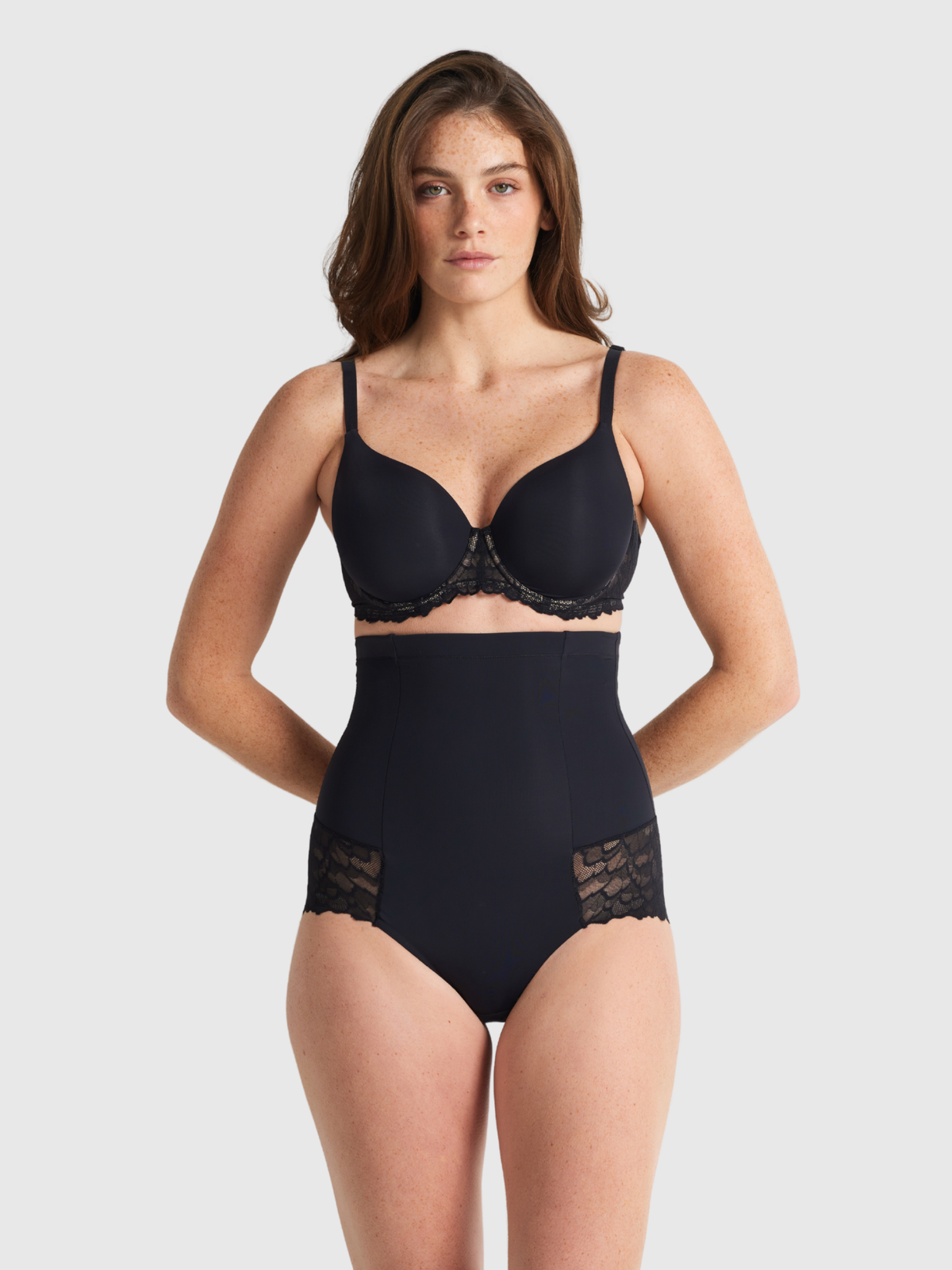 Nancy Ganz Sculpted Lace High Waisted Brief in Black.