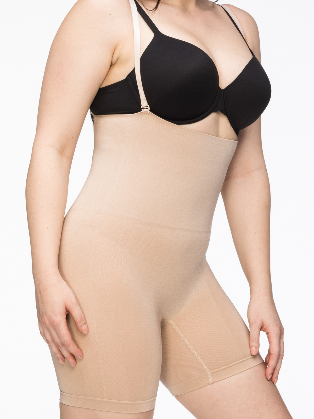 Side profile of Seamless Seduction bike short showing high-waisted underbust fit and breathable fabric for all-day comfort.