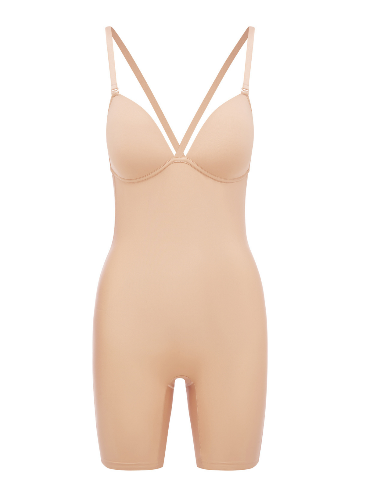 Front profile of Body Define Backless Jumpsuit featuring minimalist design, discreet gusset opening, and sleek tailored fit.