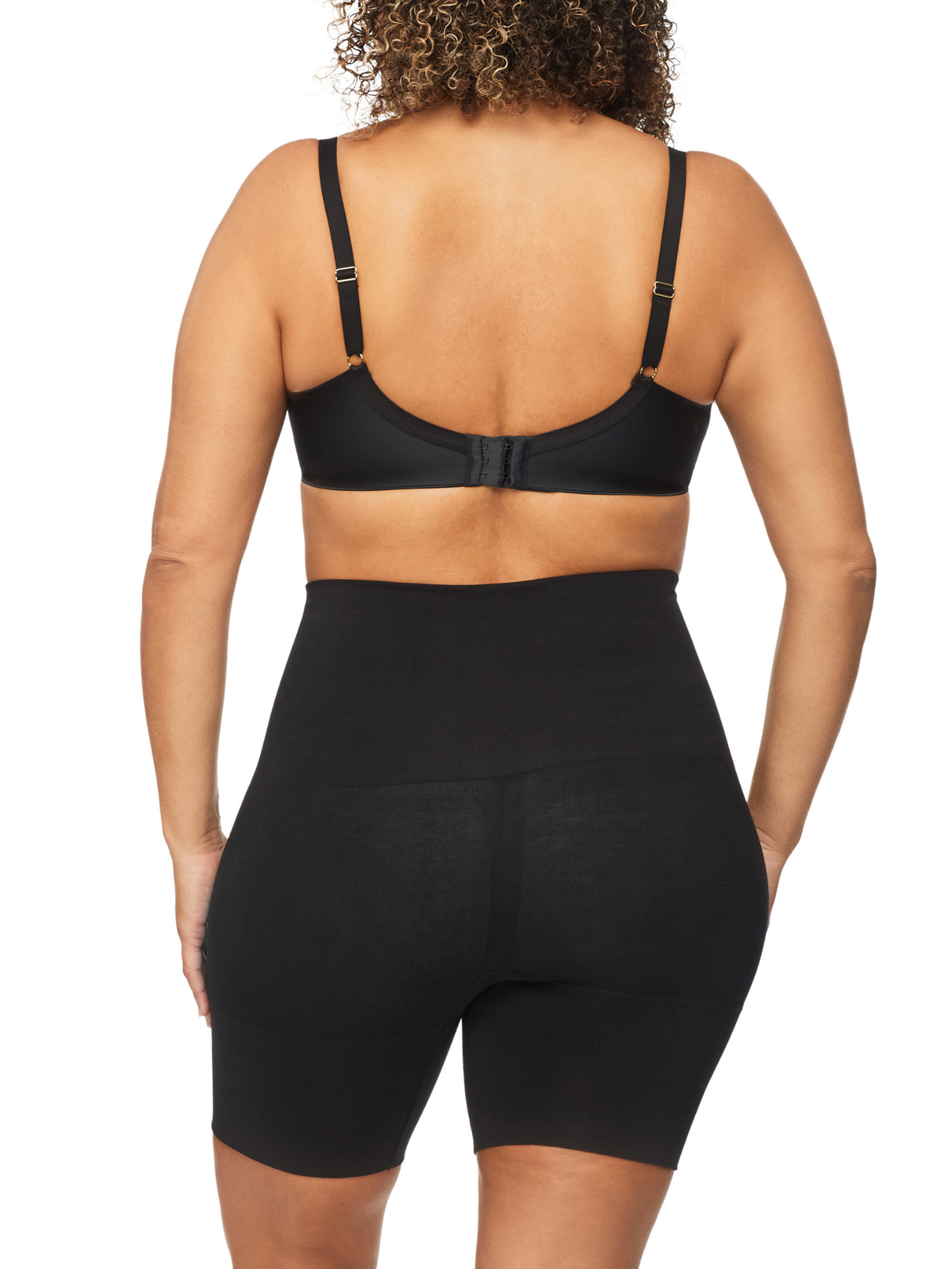 Back profile of Bamboo Essentials thigh shaper with seamless bamboo fabric and double-band support for sculpted waist, tummy, and thighs.