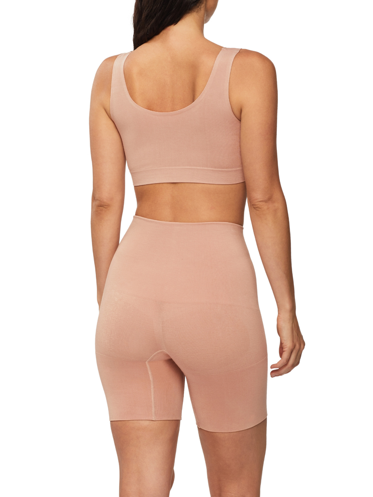 Back view of Bamboo Essentials waisted thigh shaper featuring seamless bamboo fabric and supportive double-band design for natural shaping.