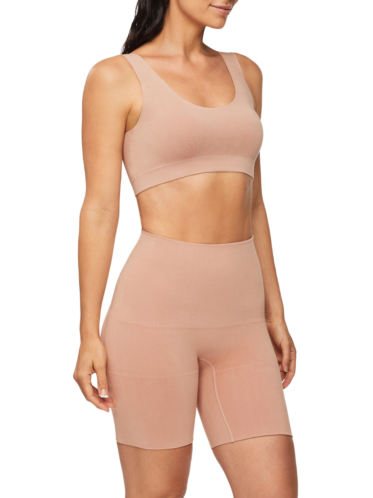 Side profile of Bamboo Essentials thigh shaper highlighting tummy and thigh shaping with moisture-wicking, breathable bamboo fabric.