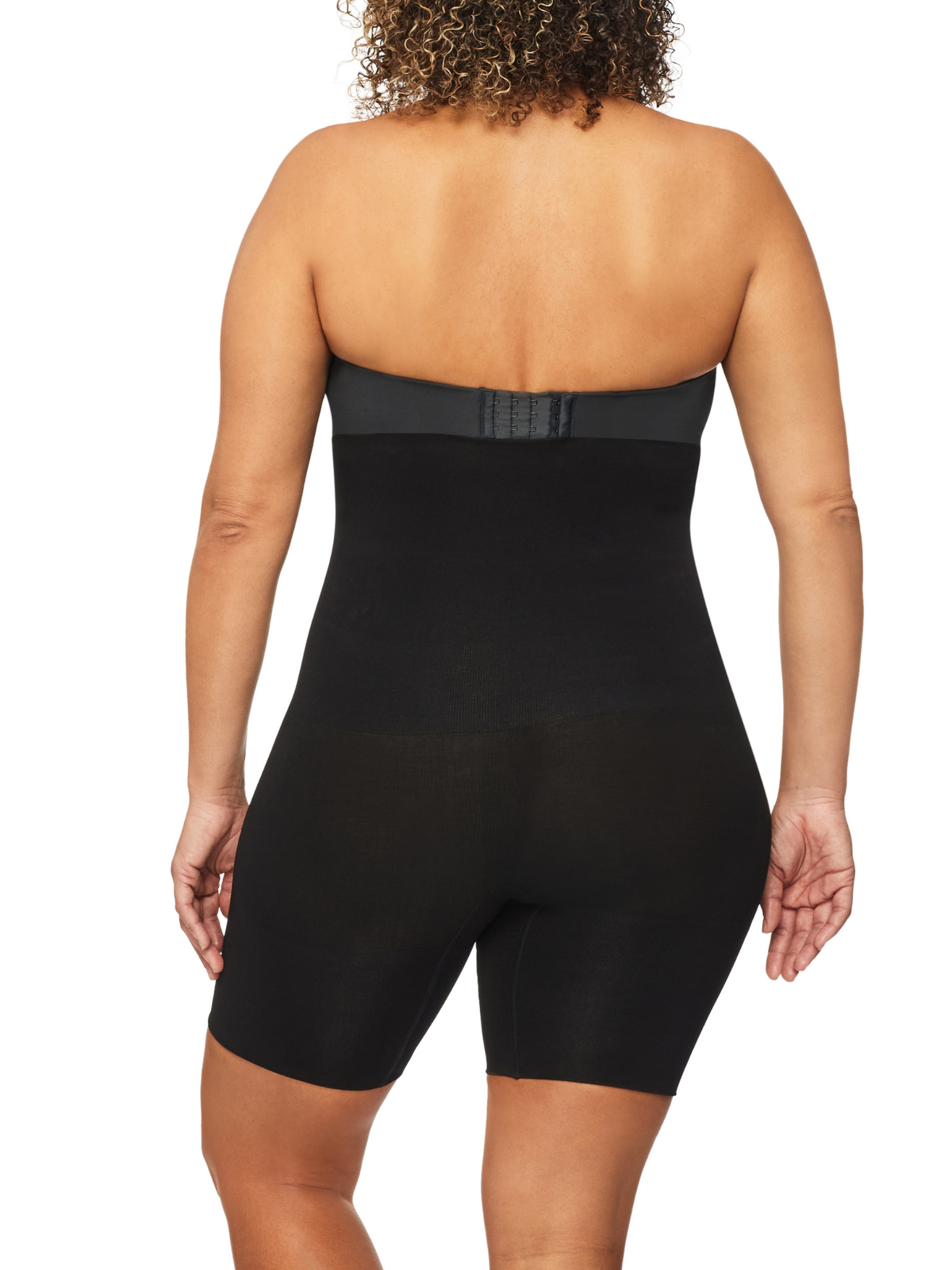 Back profile of Bamboo Essentials thigh shaper with breathable bamboo yarns and firm shaping for waist, tummy, and thighs.