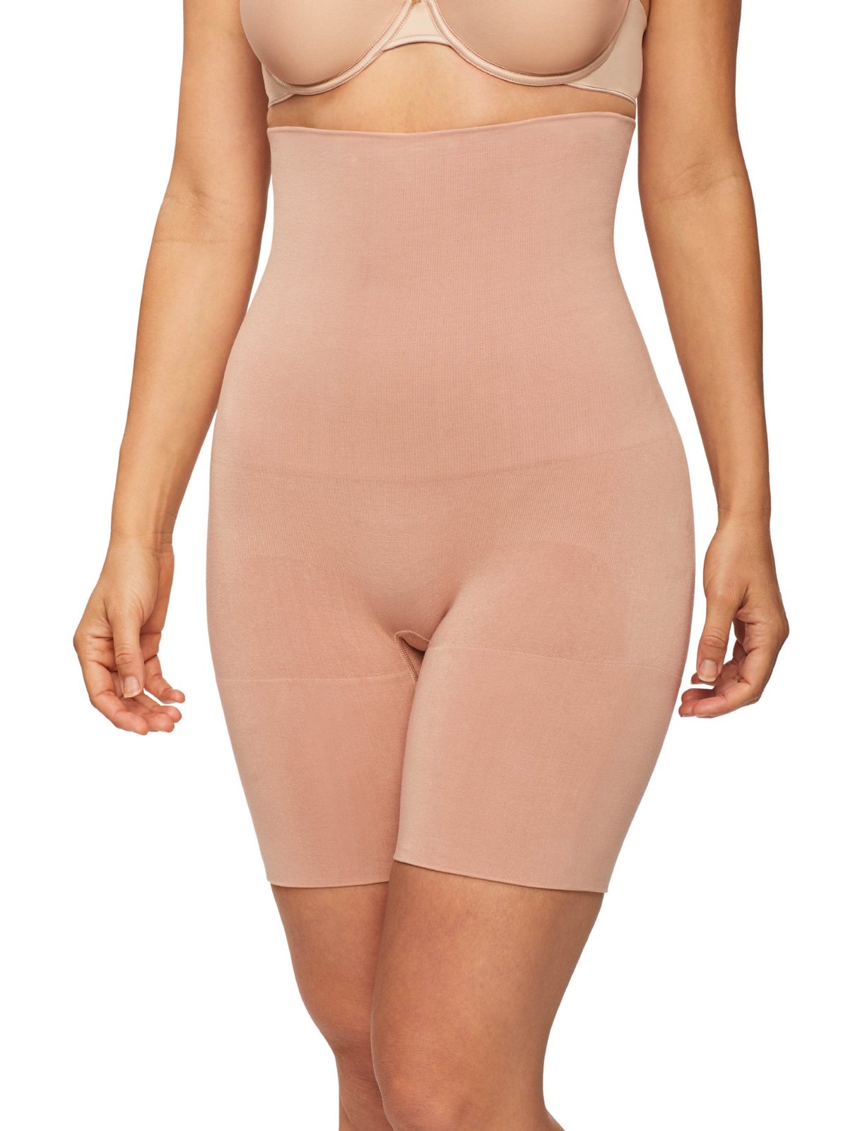 Front view of Nancy Ganz Bamboo Essentials high waisted thigh shaper with breathable bamboo yarns and firm double band support for a smooth silhouette.