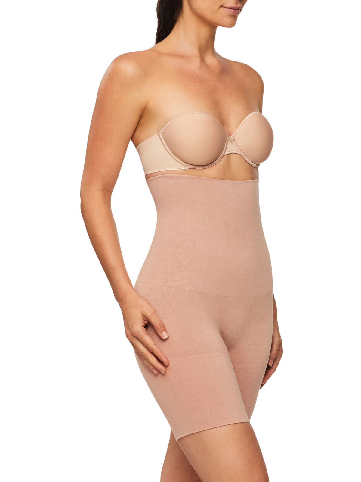 Side profile of Bamboo Essentials thigh shaper highlighting tummy, waist, and thigh shaping with moisture-wicking breathable fabric.