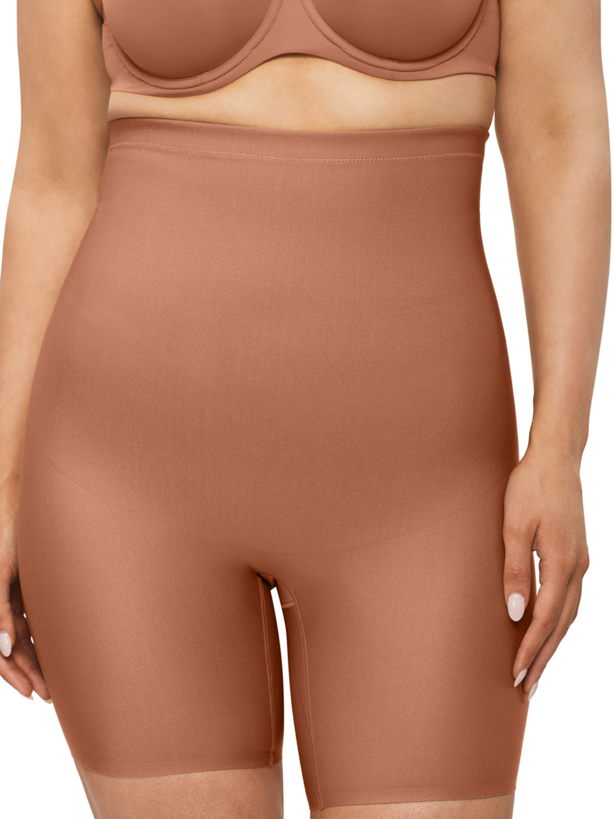 Front view of Nancy Ganz X-Factor high waisted thigh shaper with ultra-firm control and body-hugging lightweight fabric for sleek shaping.