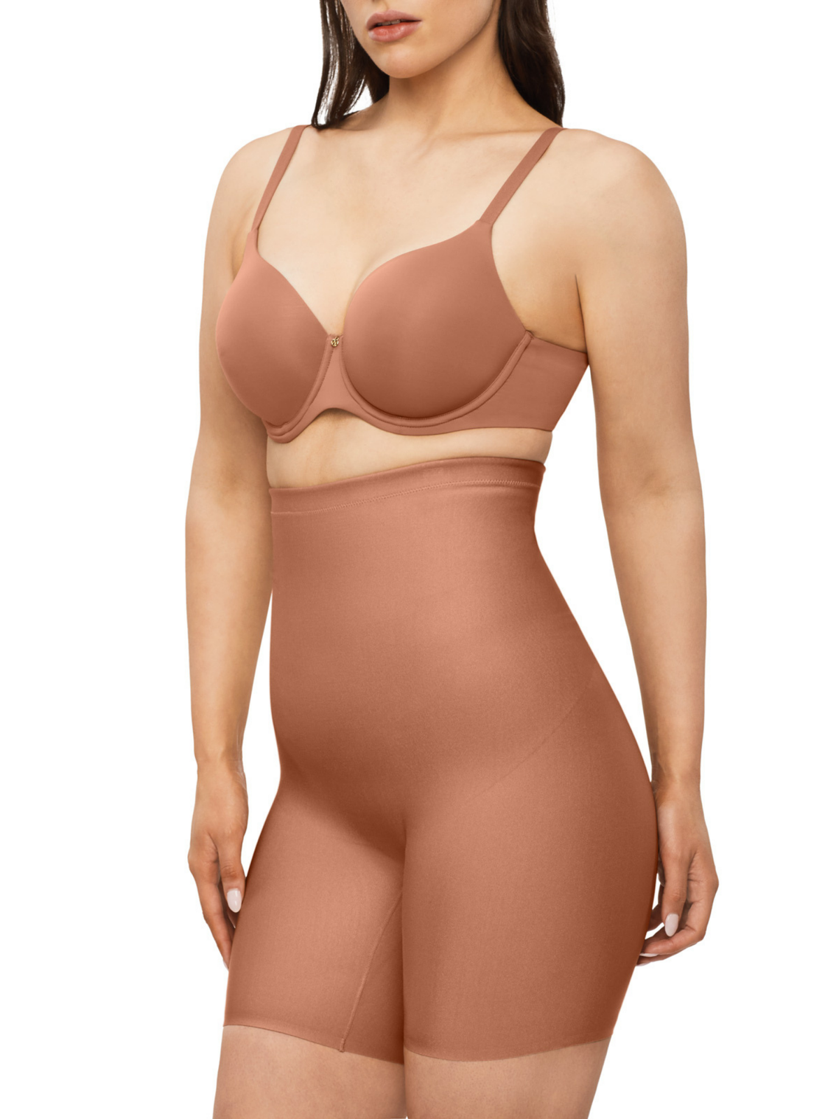 Side detail of X-Factor thigh shaper with lightweight stretch fabric for comfortable all-day wear and visible slimming effect.