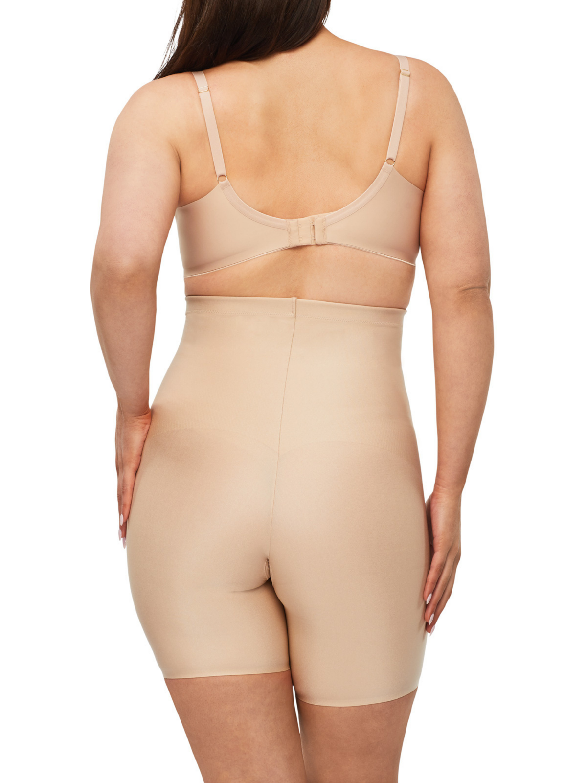 Back profile of X-Factor high waisted thigh shaper with high-waisted fit, seamless finish, and lightweight stretch fabric for everyday wear.