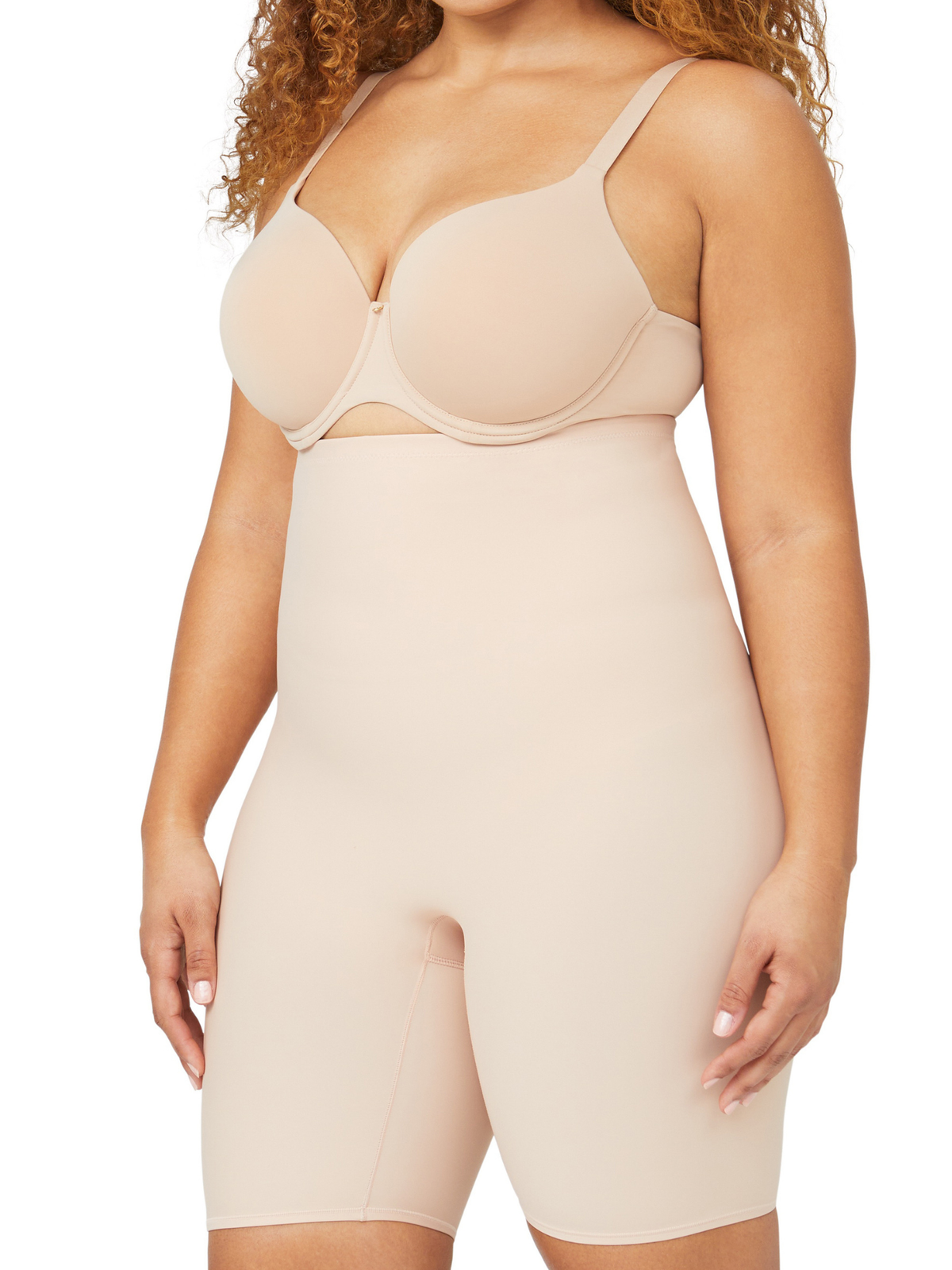 Front angle of Nancy Ganz Body Sculpt High Waisted Thigh Shaper, featuring a supportive high waist and smooth shaping through the hips and thighs.