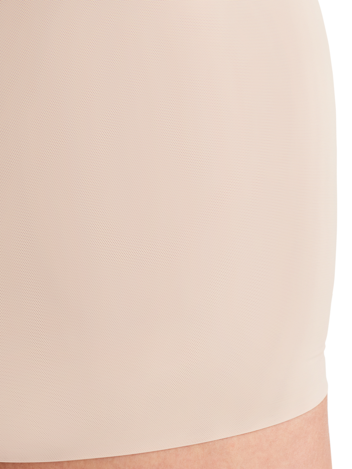 Close-up of Nancy Ganz Sheer Infinity waisted short showing soft, lightweight breathable power mesh fabric with stitch-free bonded waist and smooth folded leg edges for firm support and no visible lines.