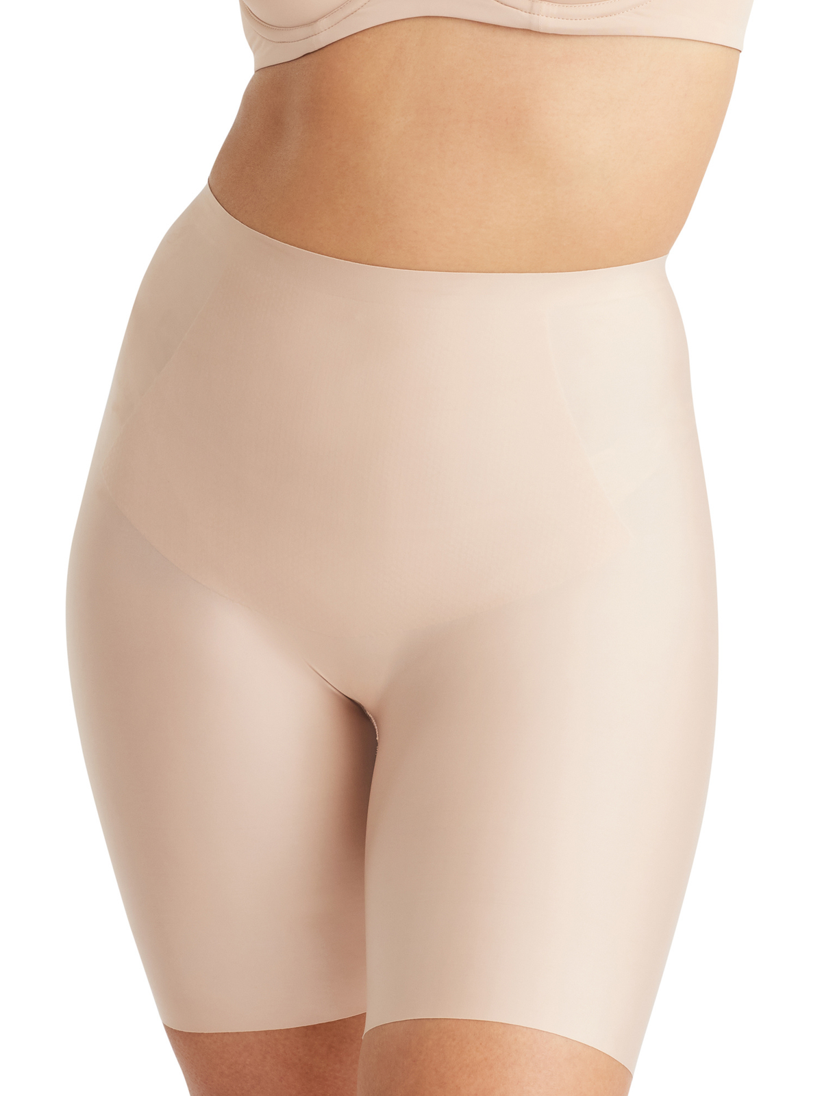 Front view of Nancy Ganz No VPL waisted thigh shaper with free-cut fabric and bonded panels for a smooth silhouette.
