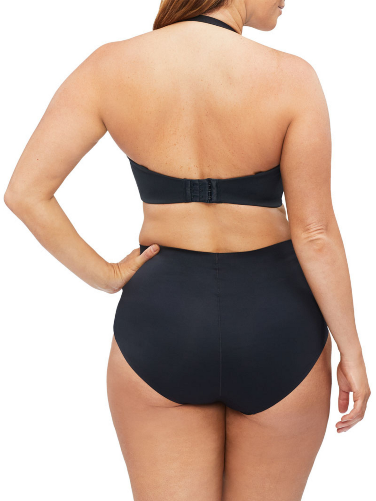 Strapless bra with convertible detachable straps, designed to be worn halter, cross-back, one-shoulder, or strapless