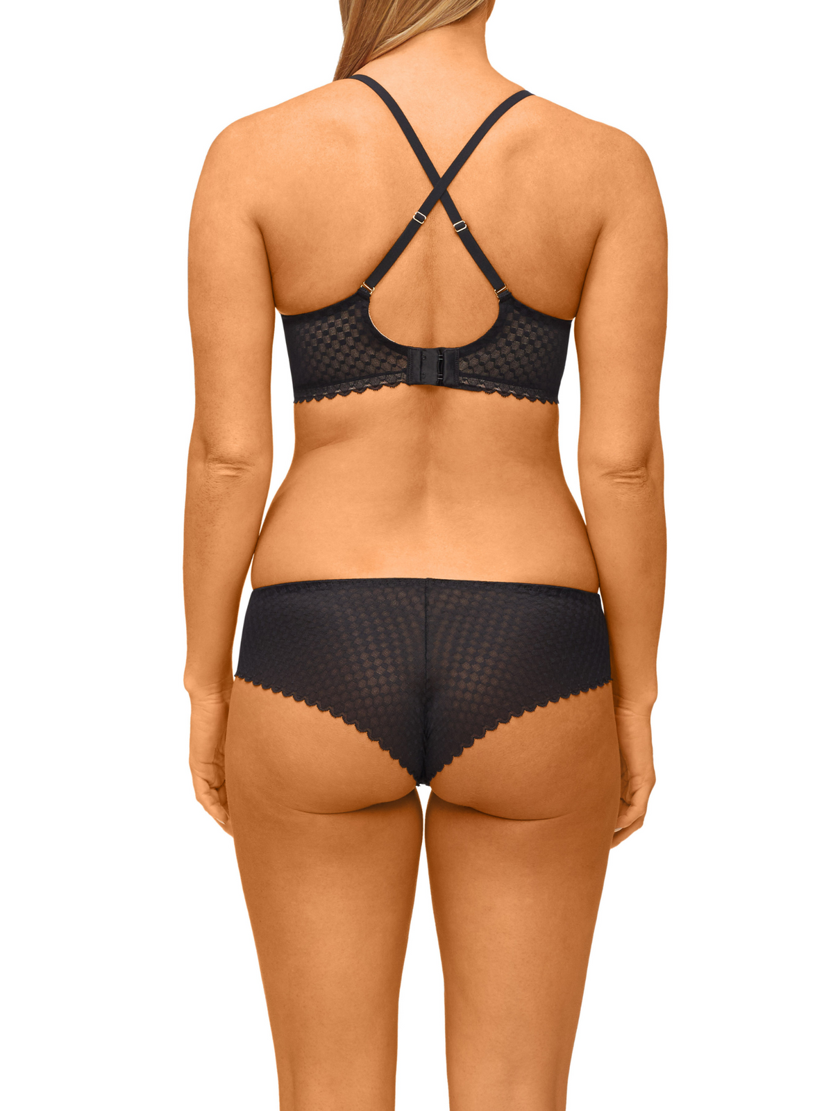 Eco-friendly Nancy Ganz bra crafted from recycled nylon with versatile strap options.