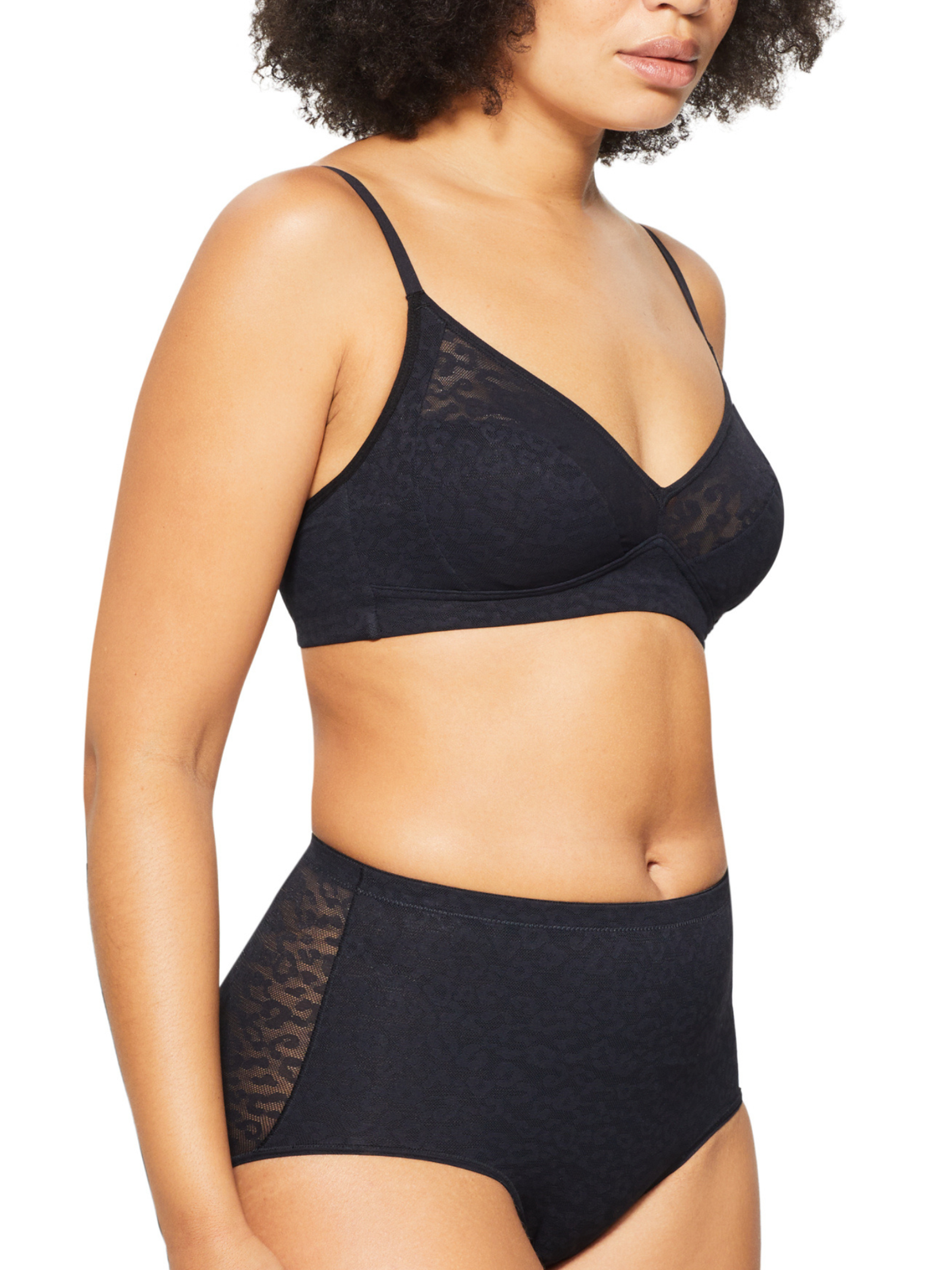 Side view of the Nancy Ganz Lace Supreme Wirefree Bralette highlighting the comfortable, wirefree support and flattering shape.