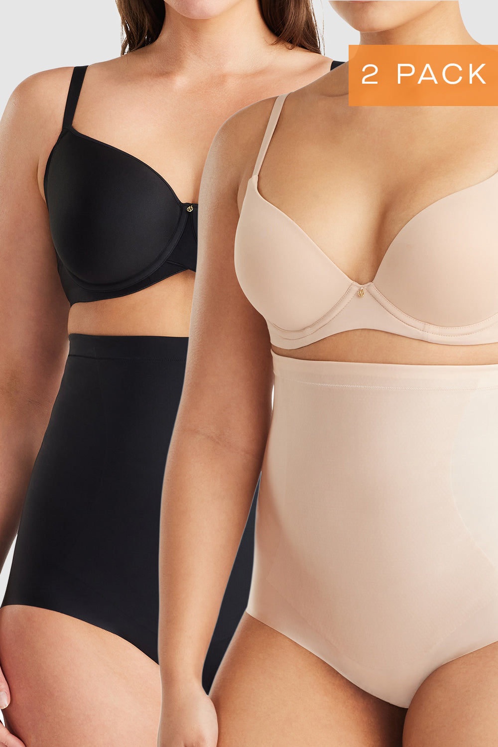 Nancy Ganz No VPL High Waisted Brief Two Pack in Black and Warm Taupe, invisible shaping briefs bundled in two essential wardrobe tones