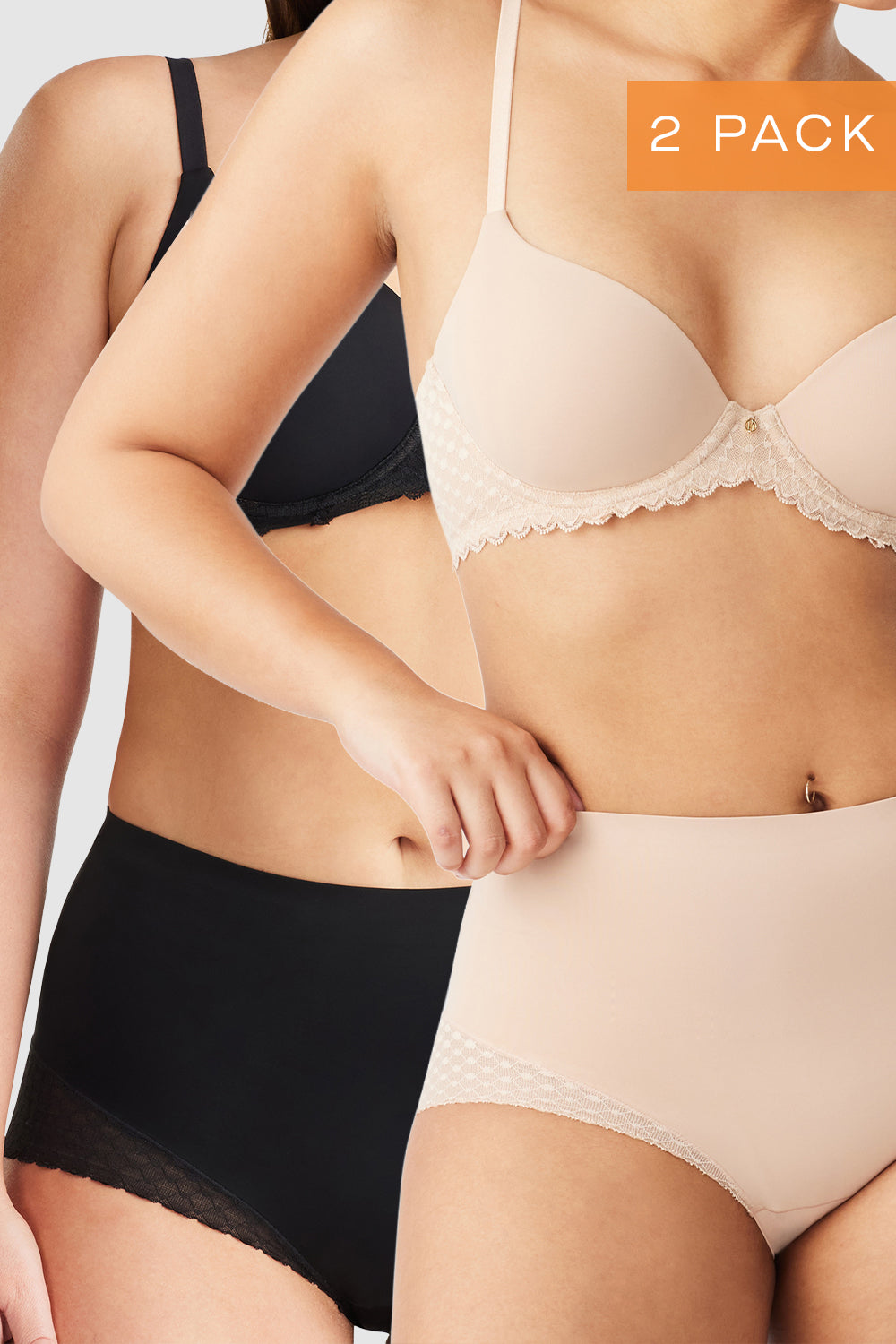 Nancy Ganz Revive Lace Waisted Brief in Warm Taupe and Black, versatile lace shaping briefs in essential everyday tones