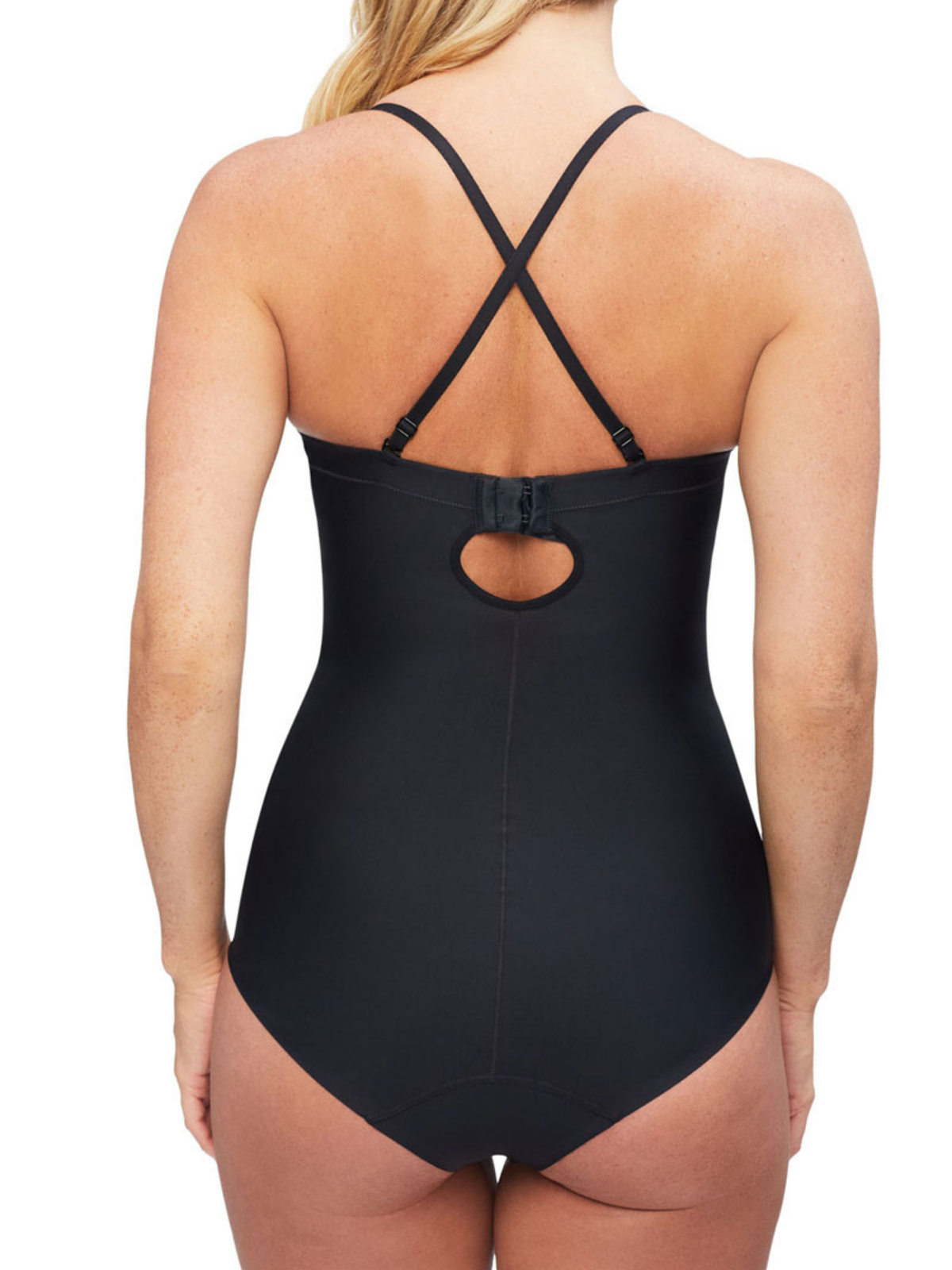 Back view highlighting adjustable hook &amp; eye rows and detachable straps for customized fit on Body Define Bodysuit.