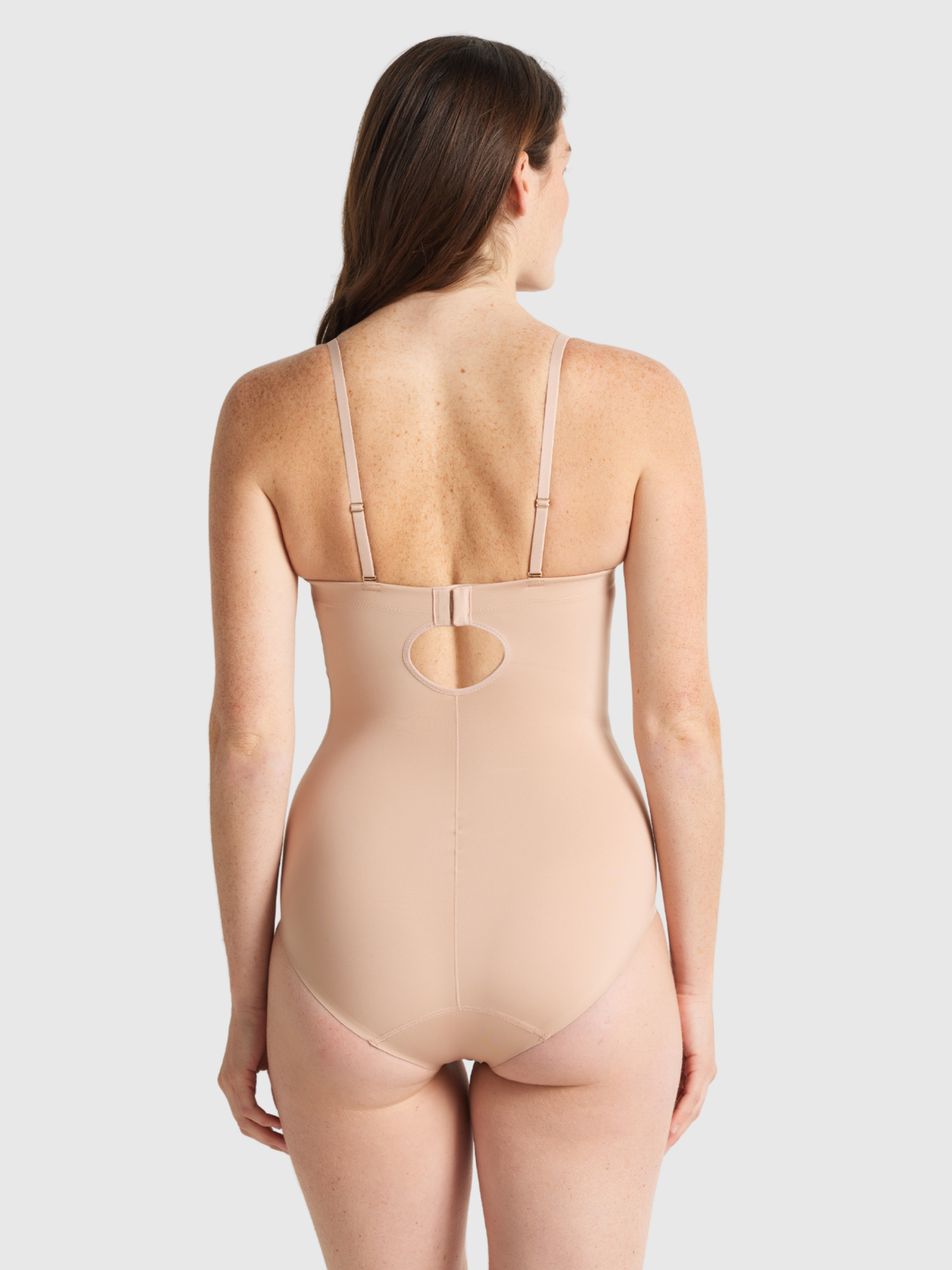 Back view of Nancy Ganz Body Define Strapless Bodysuit with detachable straps and multiple hook & eye adjustments for a custom fit.
